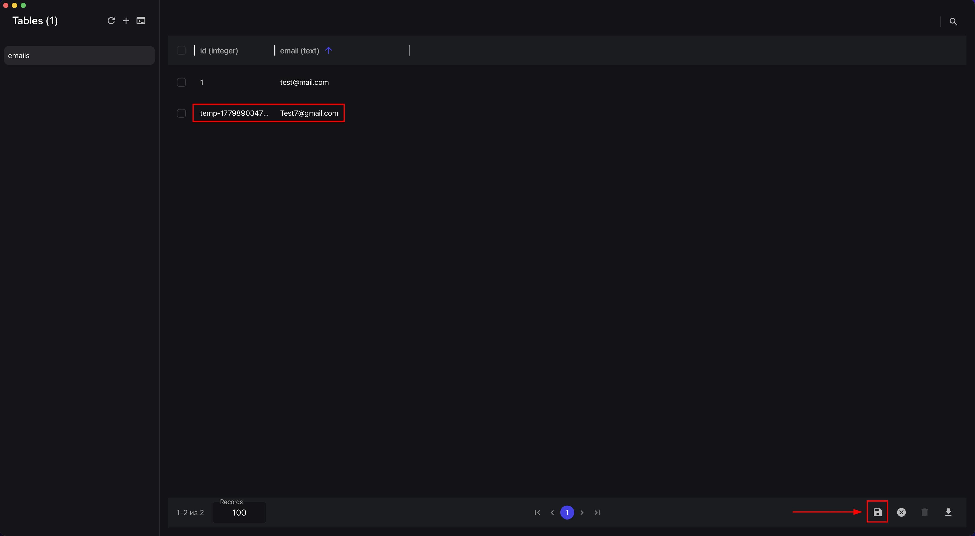 Table with a new row after pasting data and the save changes button