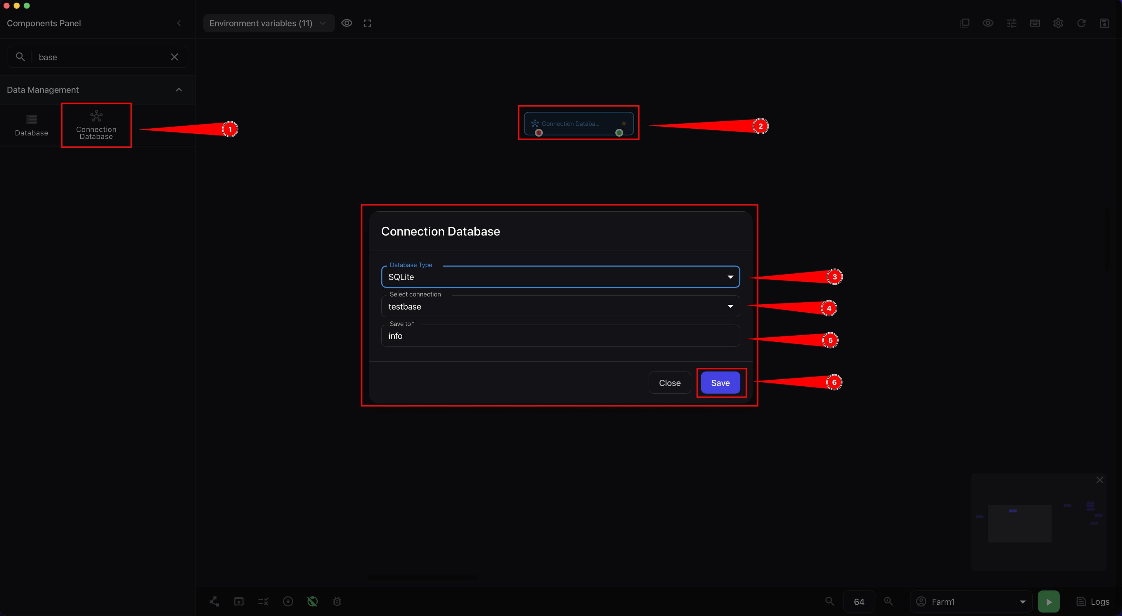 Connection Database component on the script canvas with selected SQLite type and connection