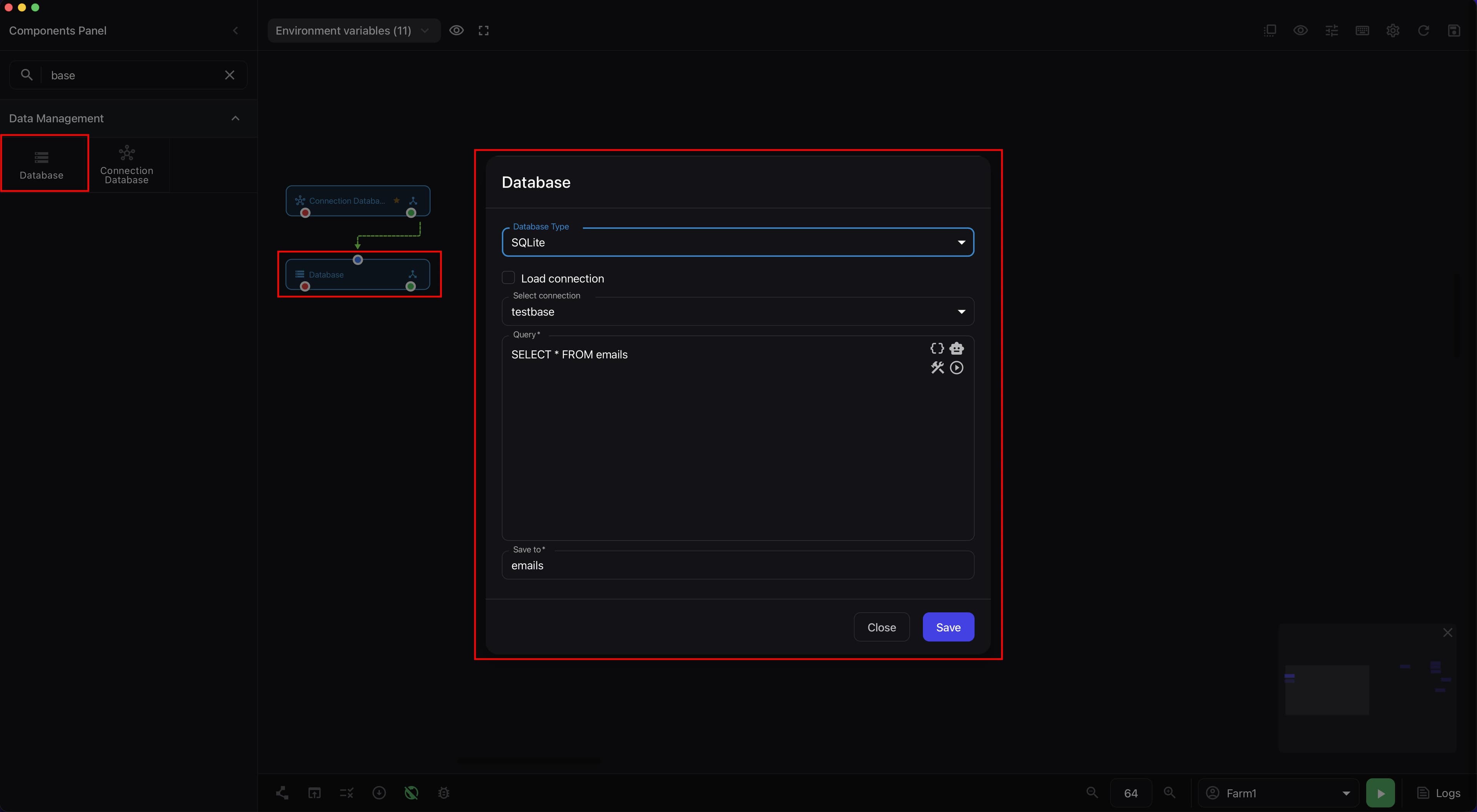 Database component on the script canvas with SQLite connection SQL query and result variable