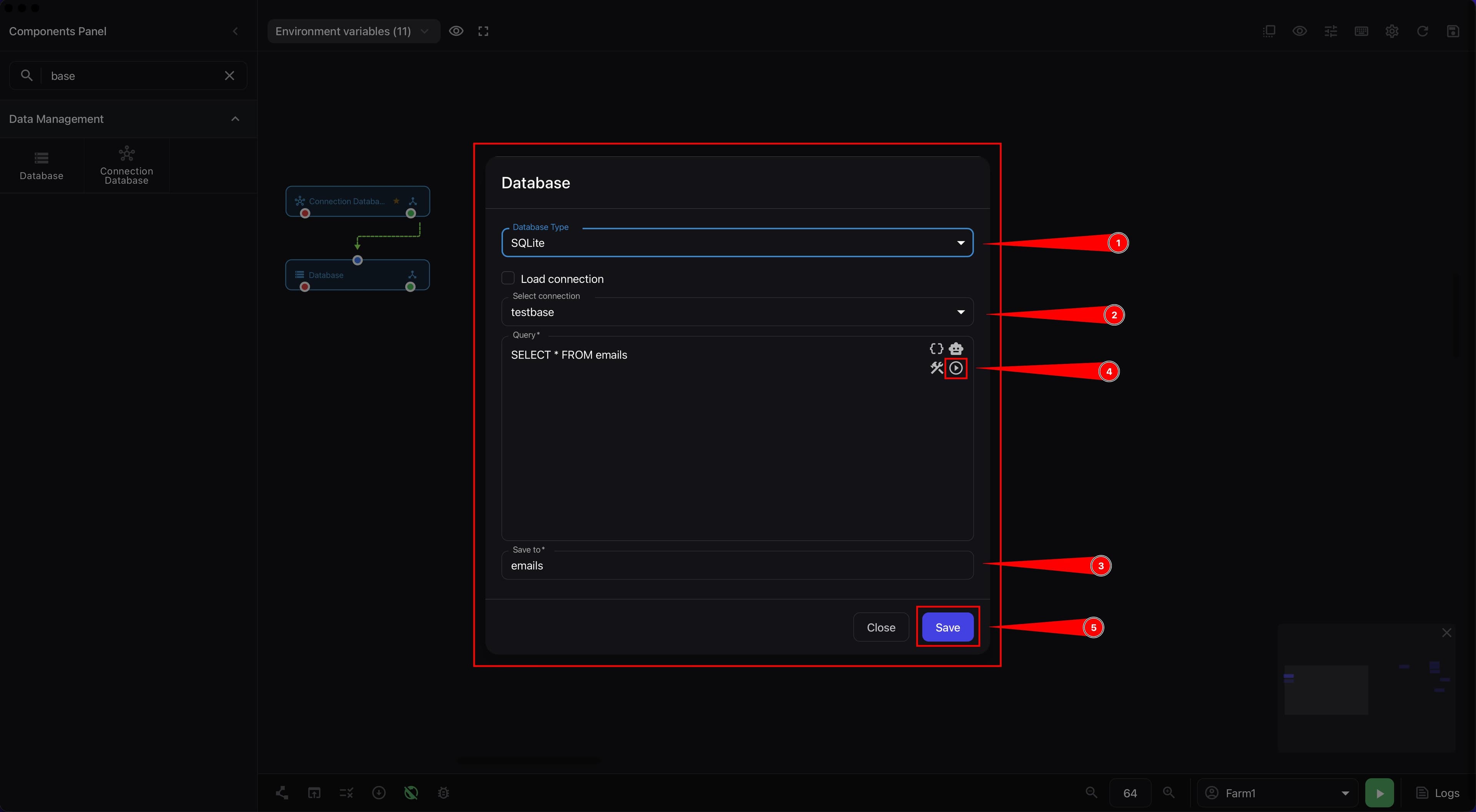 Test query window with SQL SELECT query and execute button