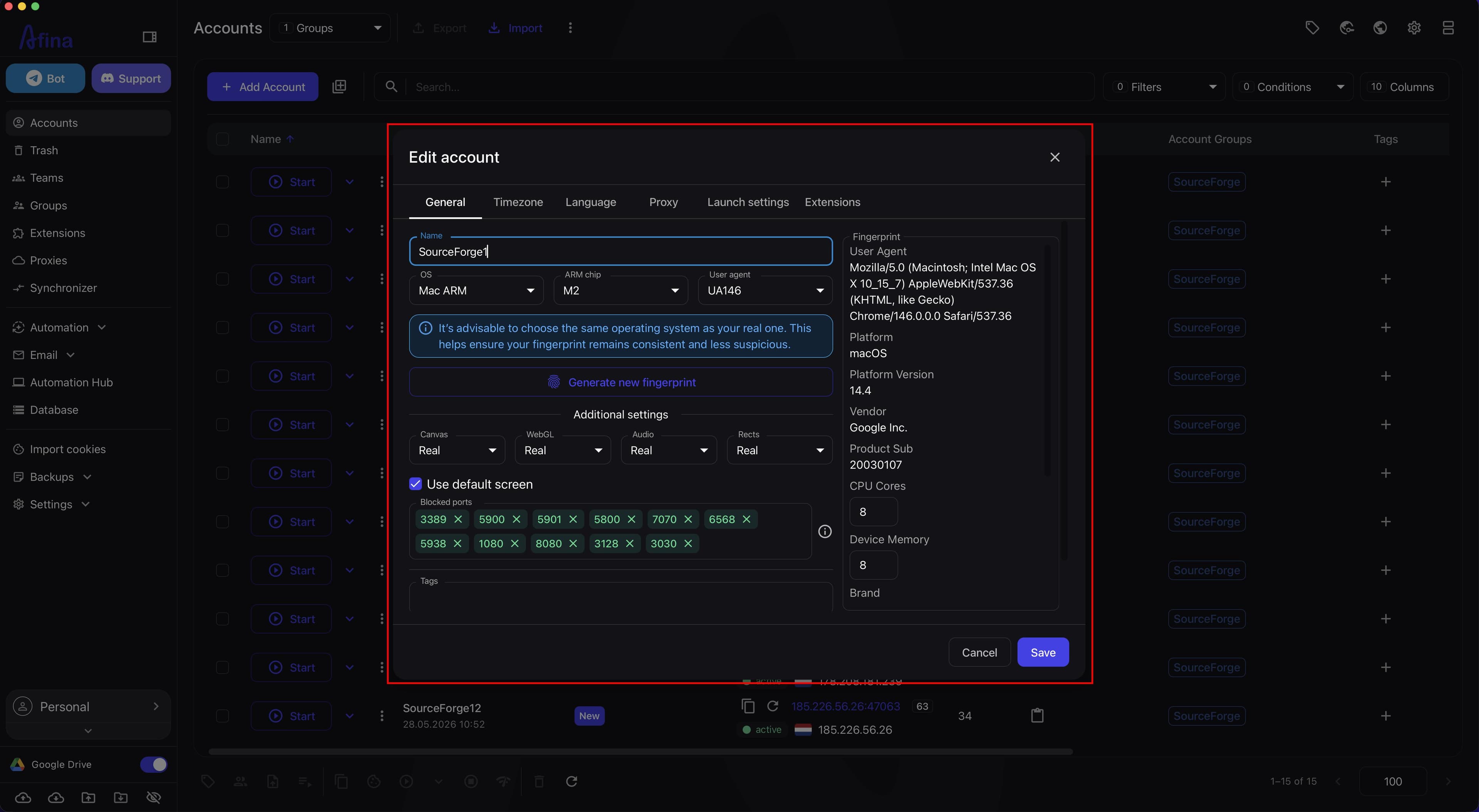 Edit account window on the General tab with OS and User Agent selection, Canvas WebGL Audio and Rects Real modes, and the browser fingerprint block