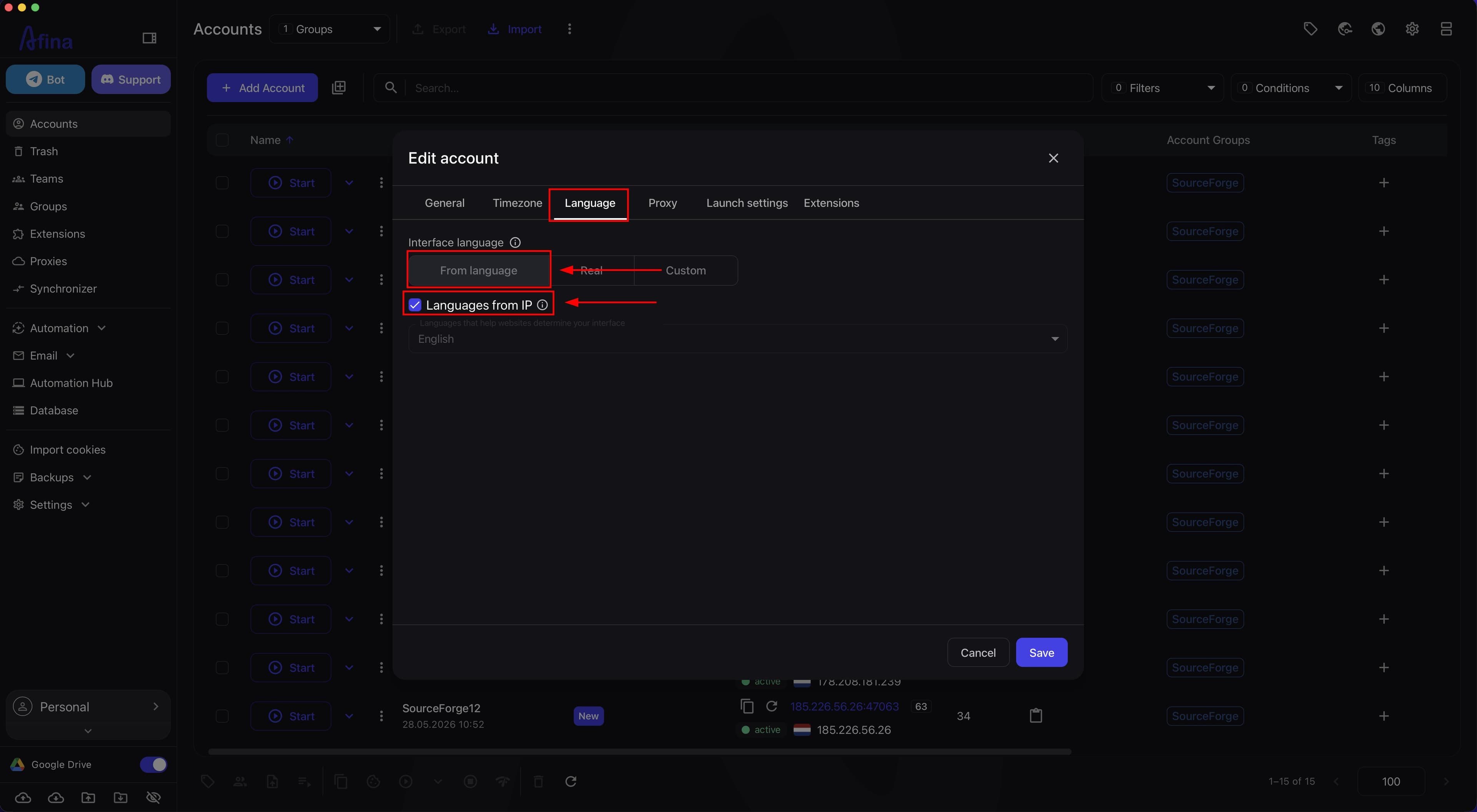 Edit account window on the Language tab with the language-based mode selected and the Languages from IP switch enabled