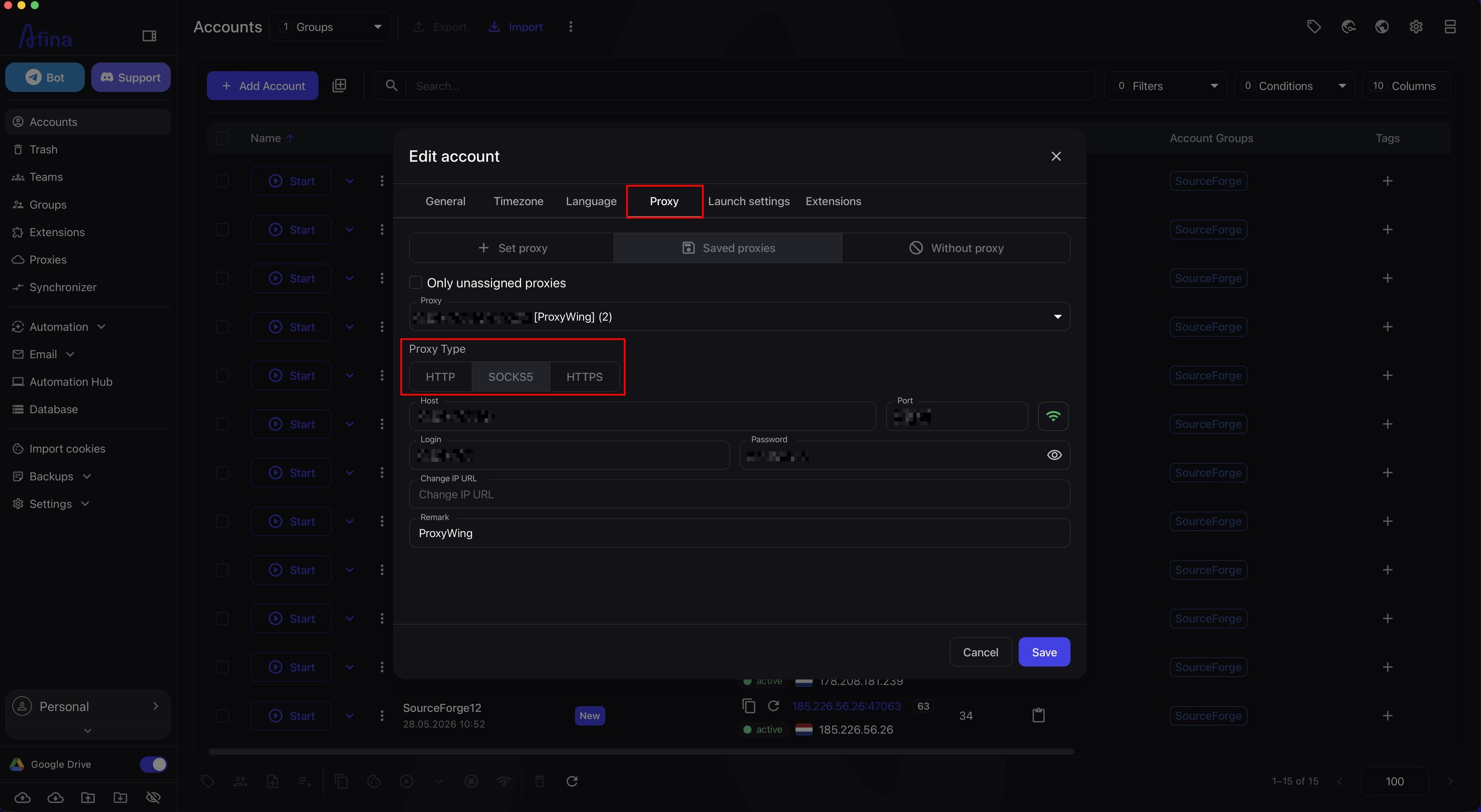 Edit account window on the Proxy tab with a saved proxy selected, SOCKS5 type, and host port login and password fields