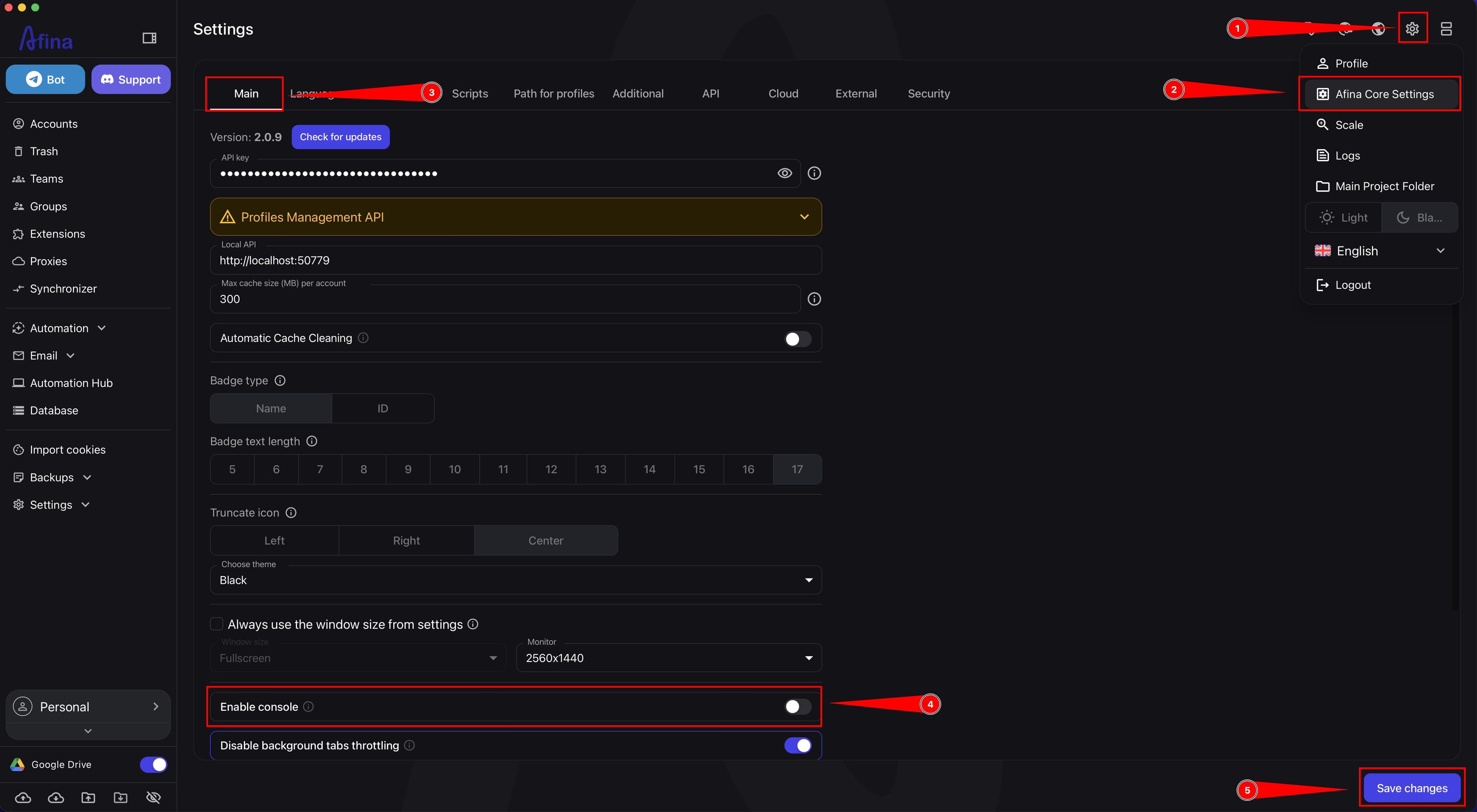 Settings section with the profile menu open, Afina Core Settings selected, and the Enable console switch disabled