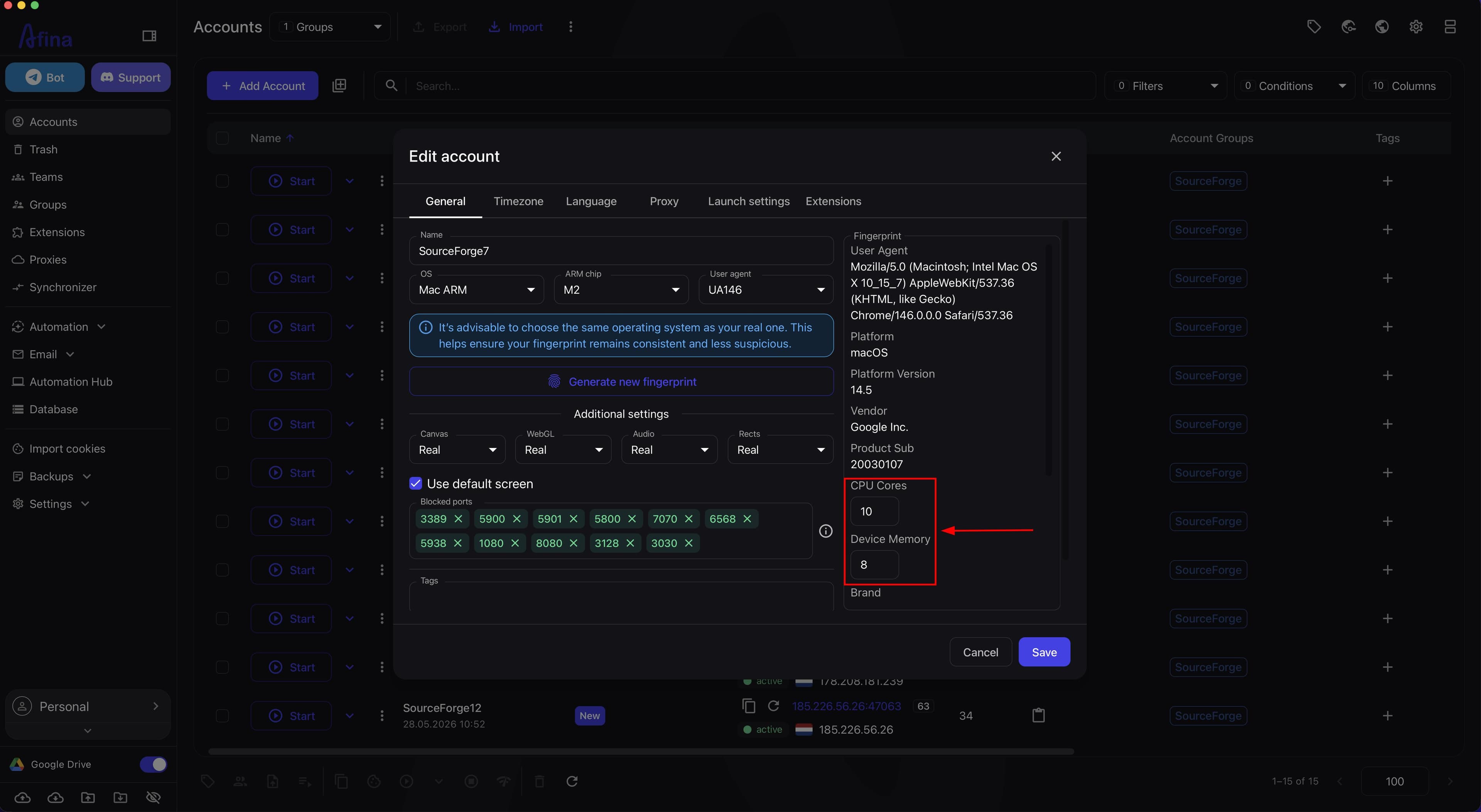 Edit account window on the General tab with the CPU Cores and Device Memory fields highlighted
