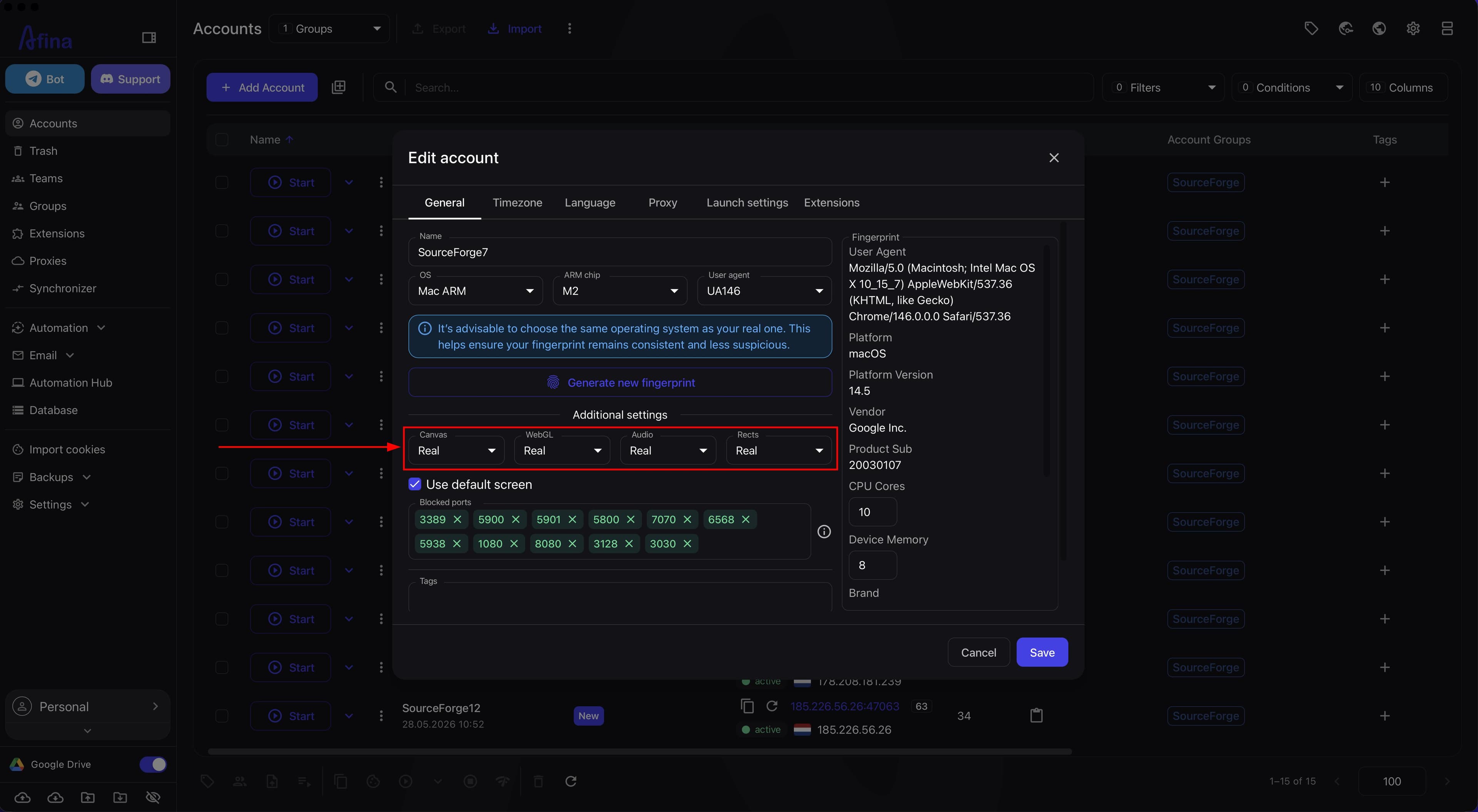 Edit account window on the General tab with additional Canvas WebGL Audio and Rects settings highlighted in Real mode