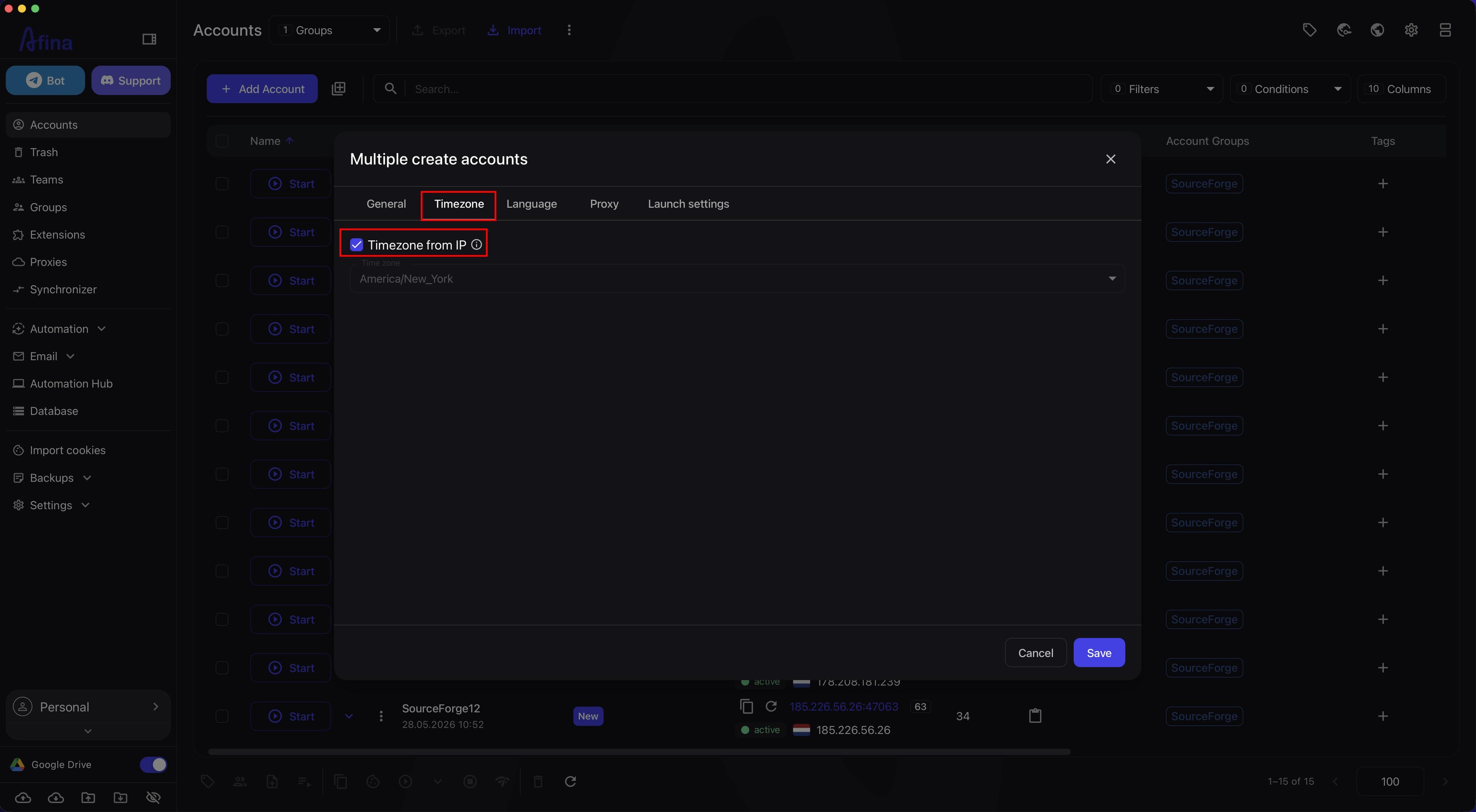 The Multiple create accounts window on the Timezone tab with the Timezone from IP parameter enabled