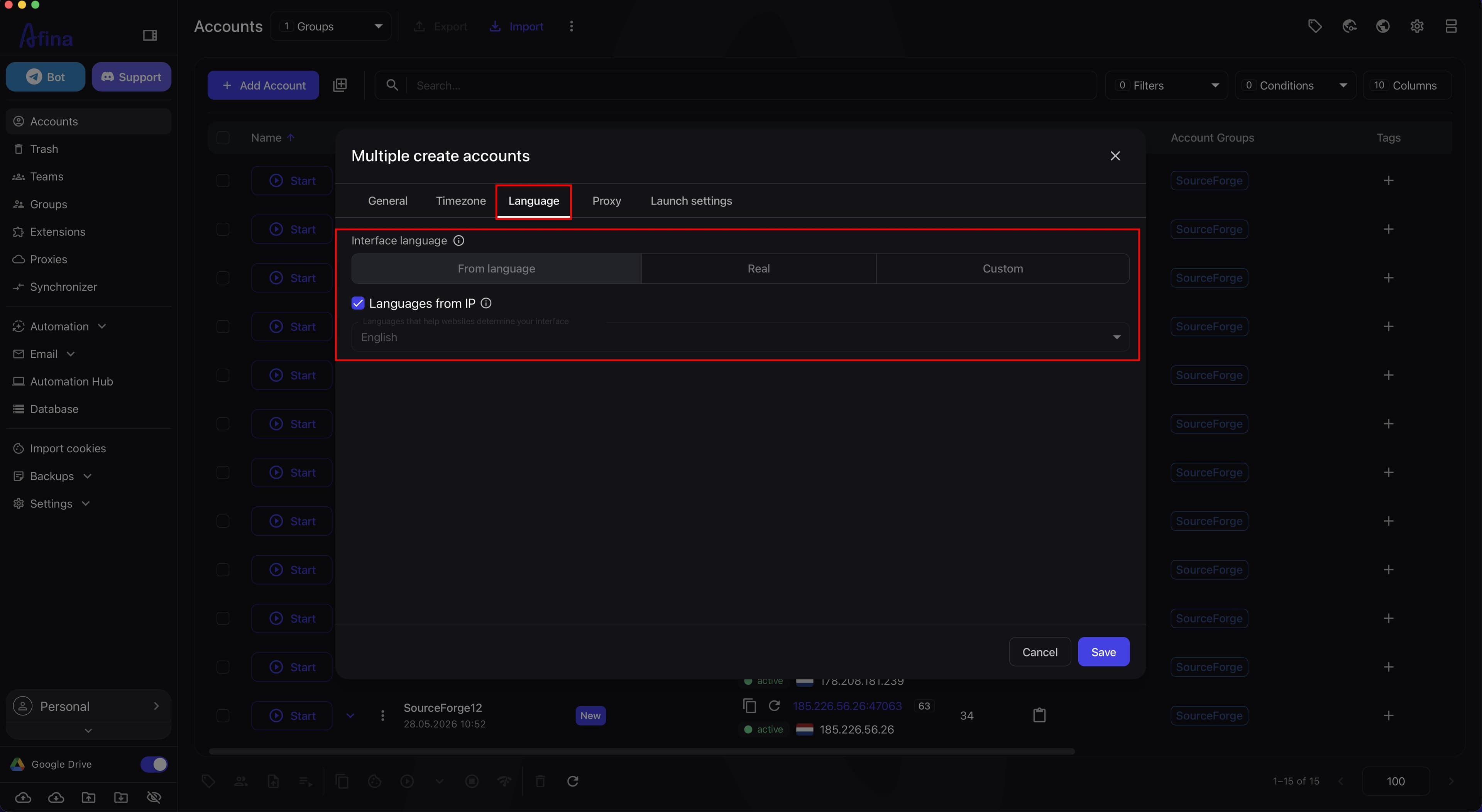 The Multiple create accounts window on the Language tab with the Languages from IP parameter enabled