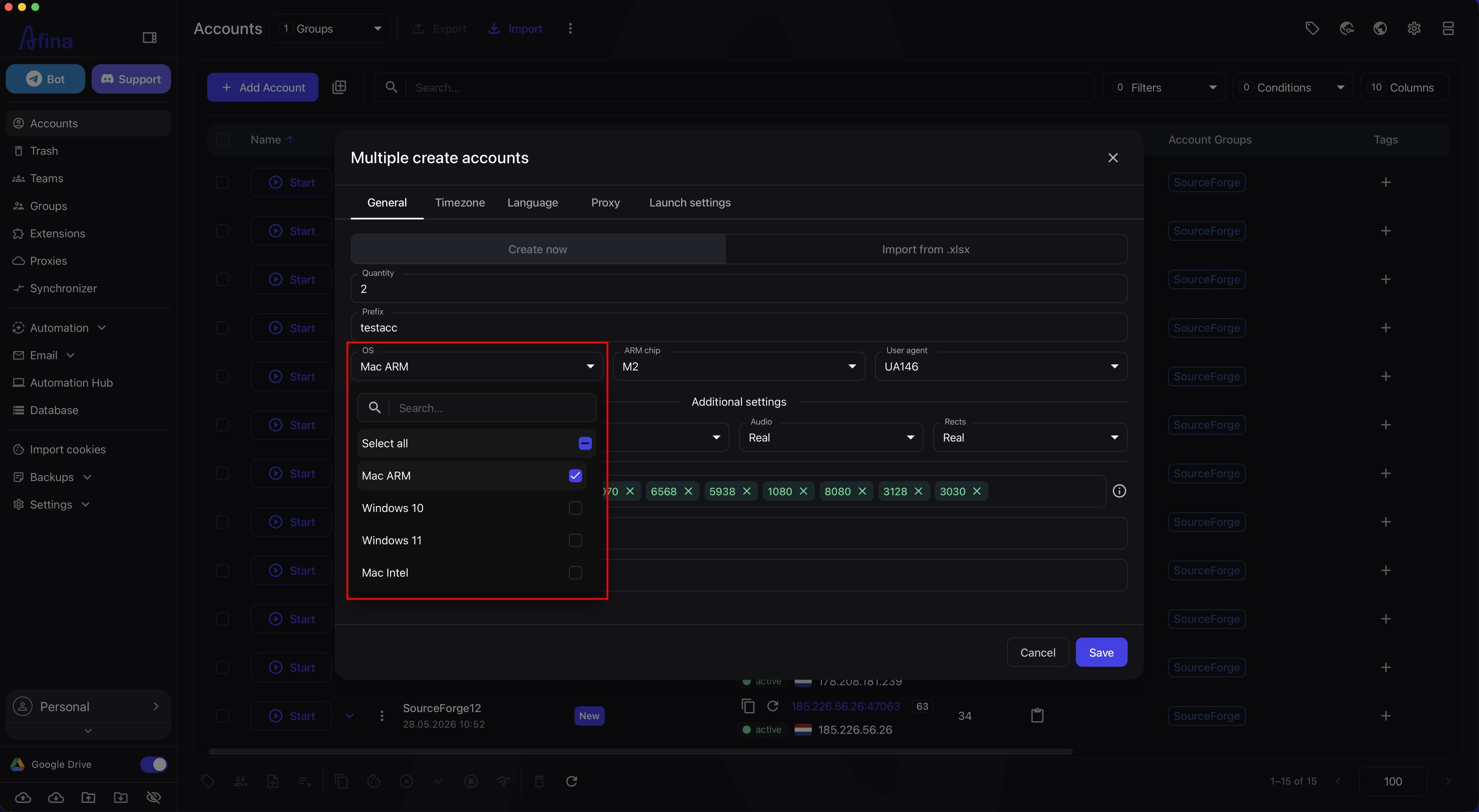 The Multiple create accounts window with the selected operating system