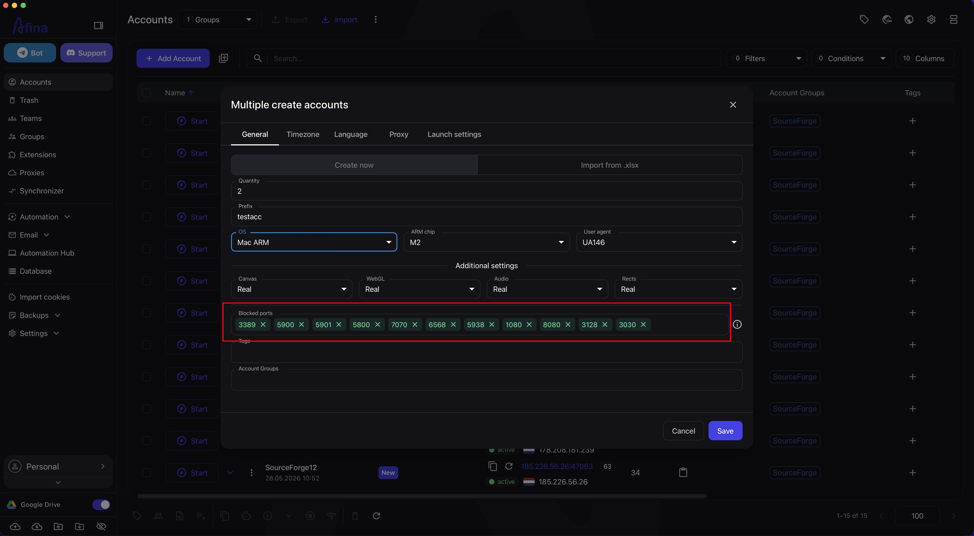 The Multiple create accounts window with the Blocked ports field and an example list of service ports