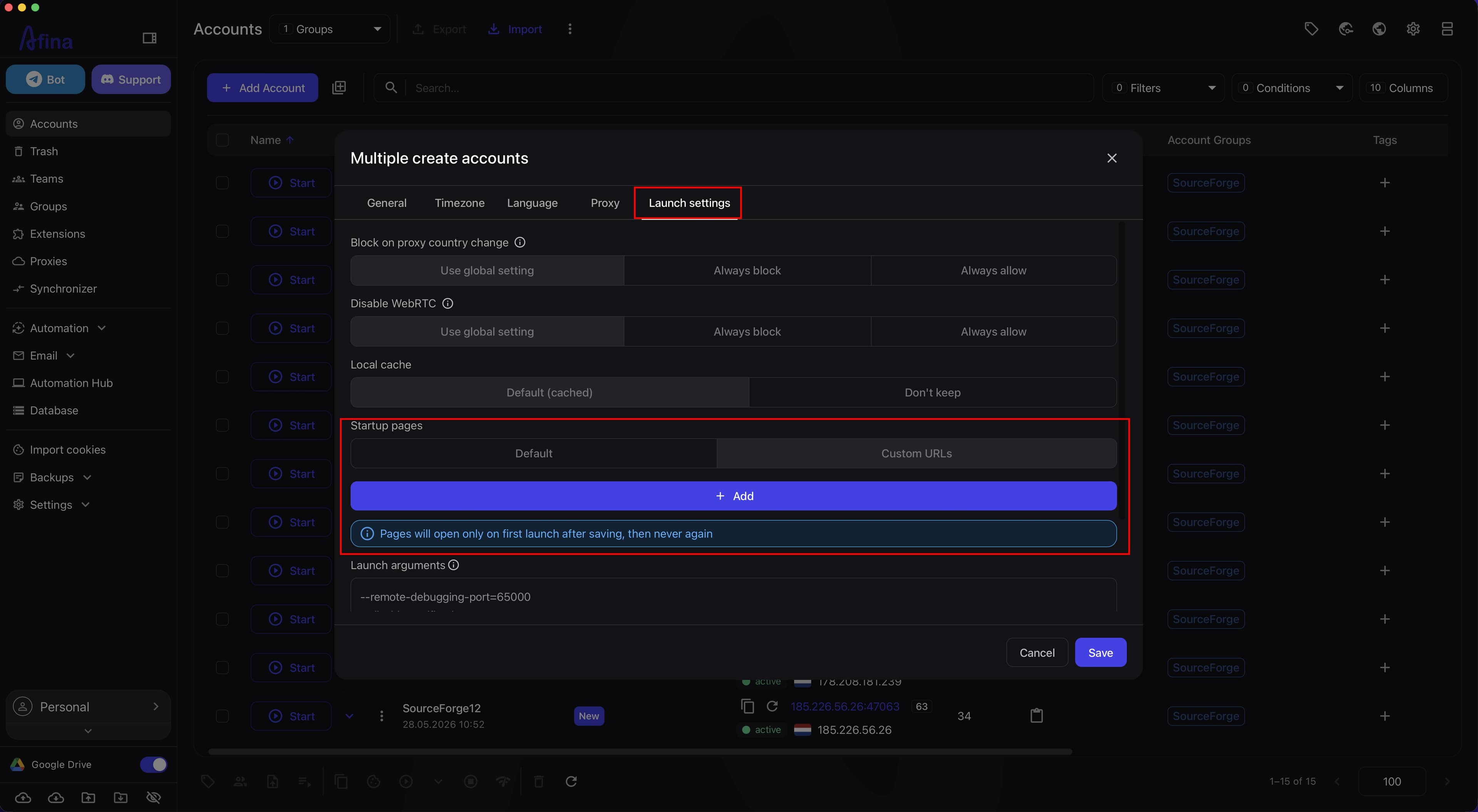 The account creation window on the Launch settings tab with the Startup pages block, Default and Custom URLs modes, and the Add button