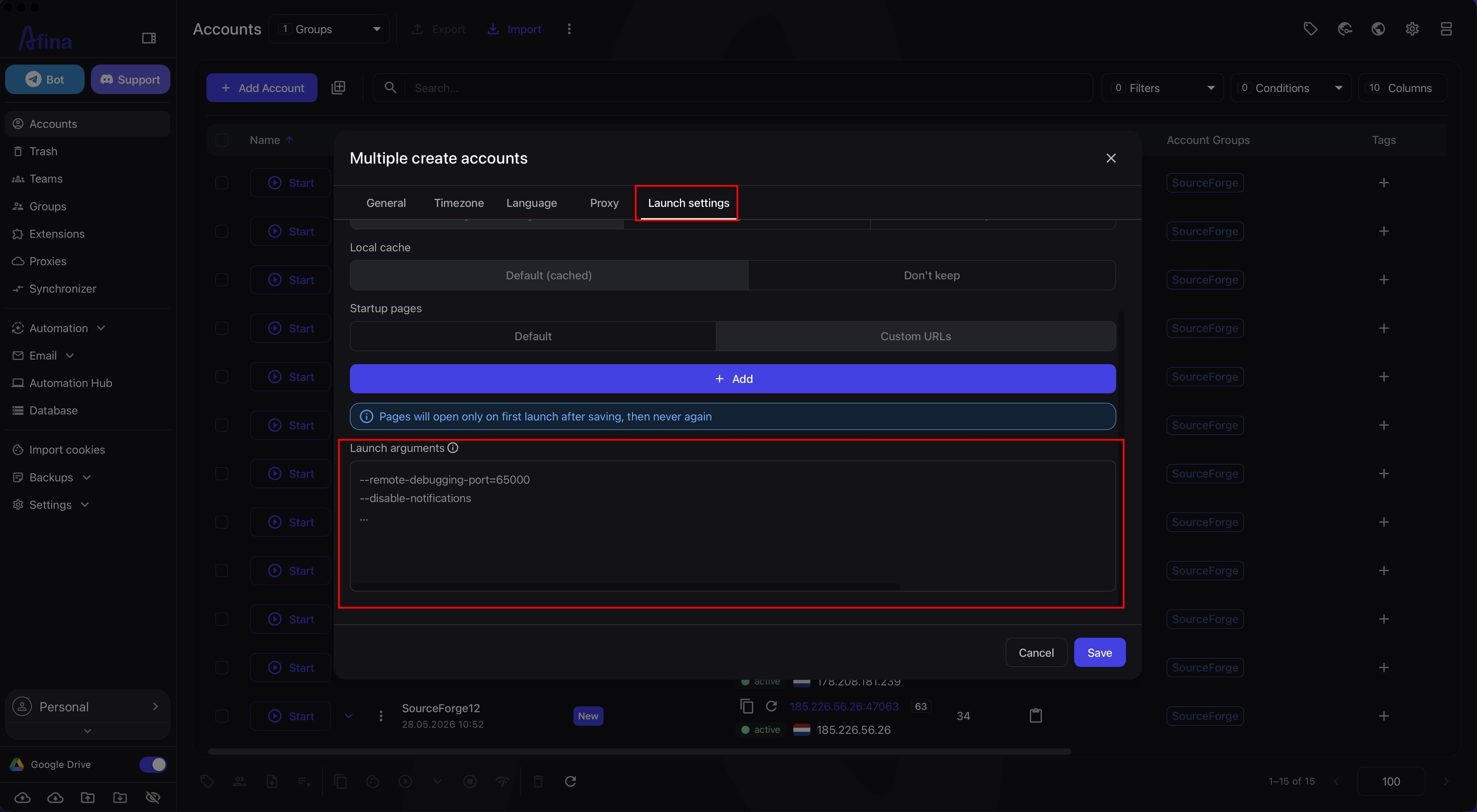 The account creation window on the Launch settings tab with the Launch arguments field and examples of additional Chromium flags