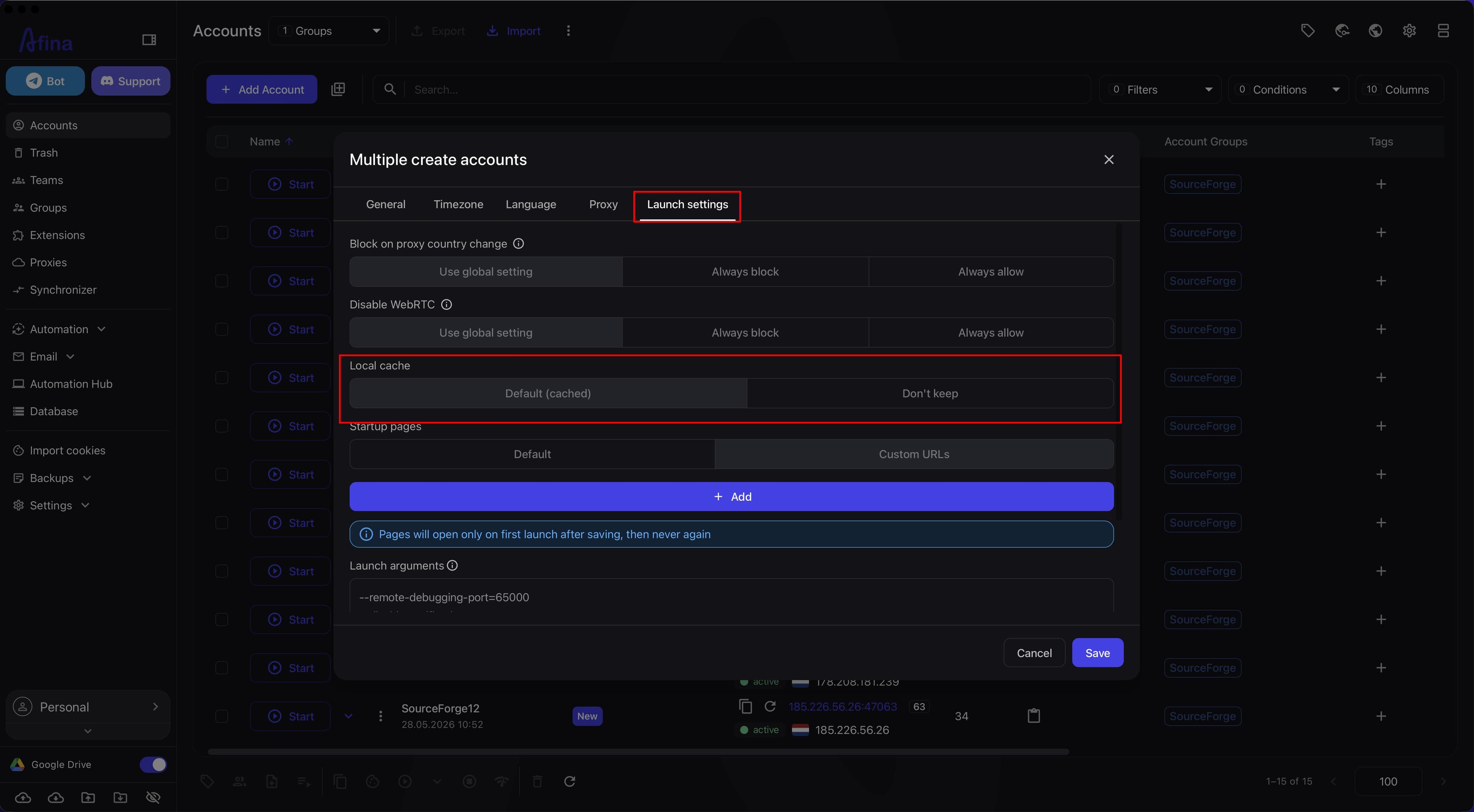 The account creation window on the Launch settings tab with the Local cache block and the Default (cached) and Don't keep modes