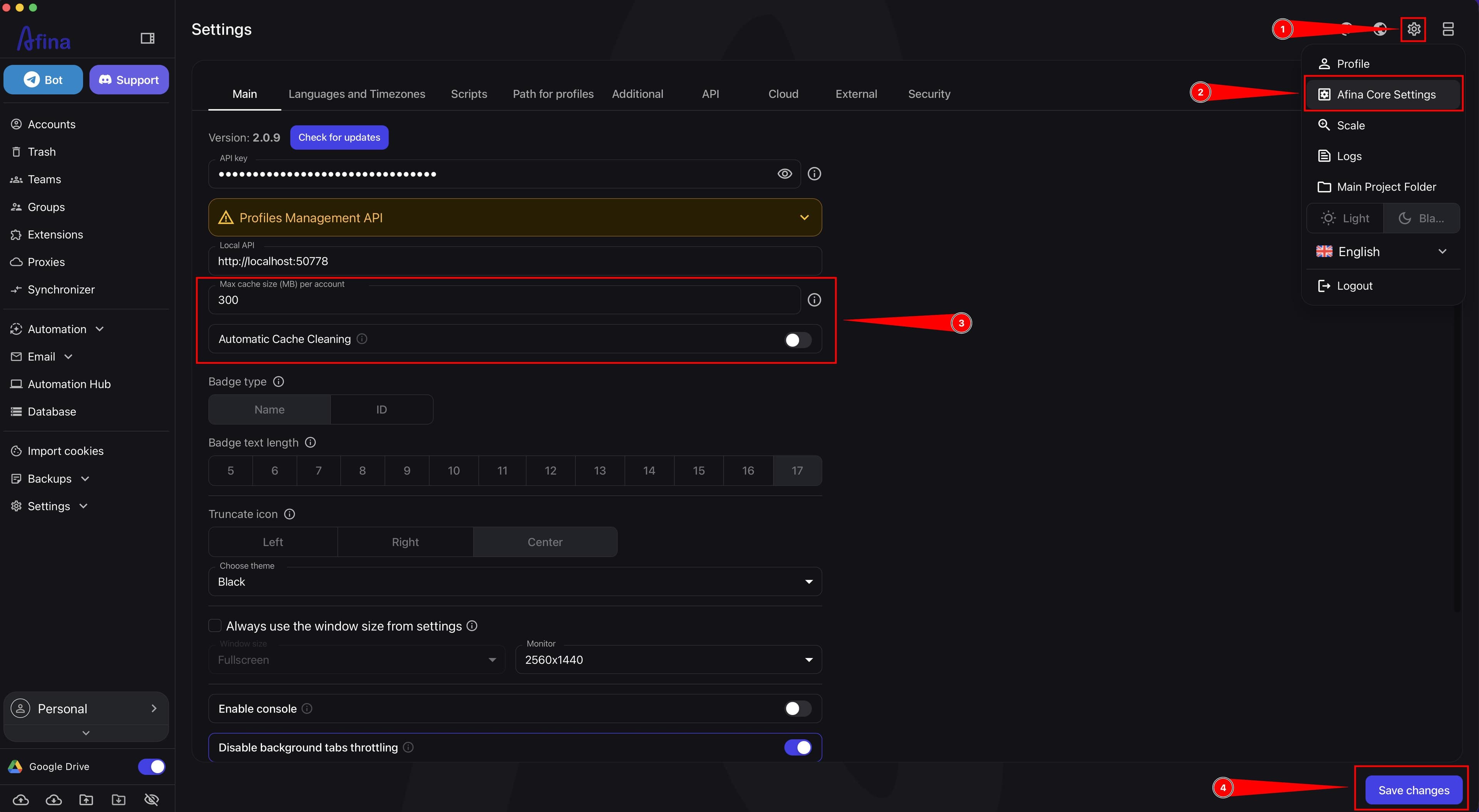 The Settings section in Afina with Afina Core Settings open, showing the max cache size per account and automatic cache cleaning fields