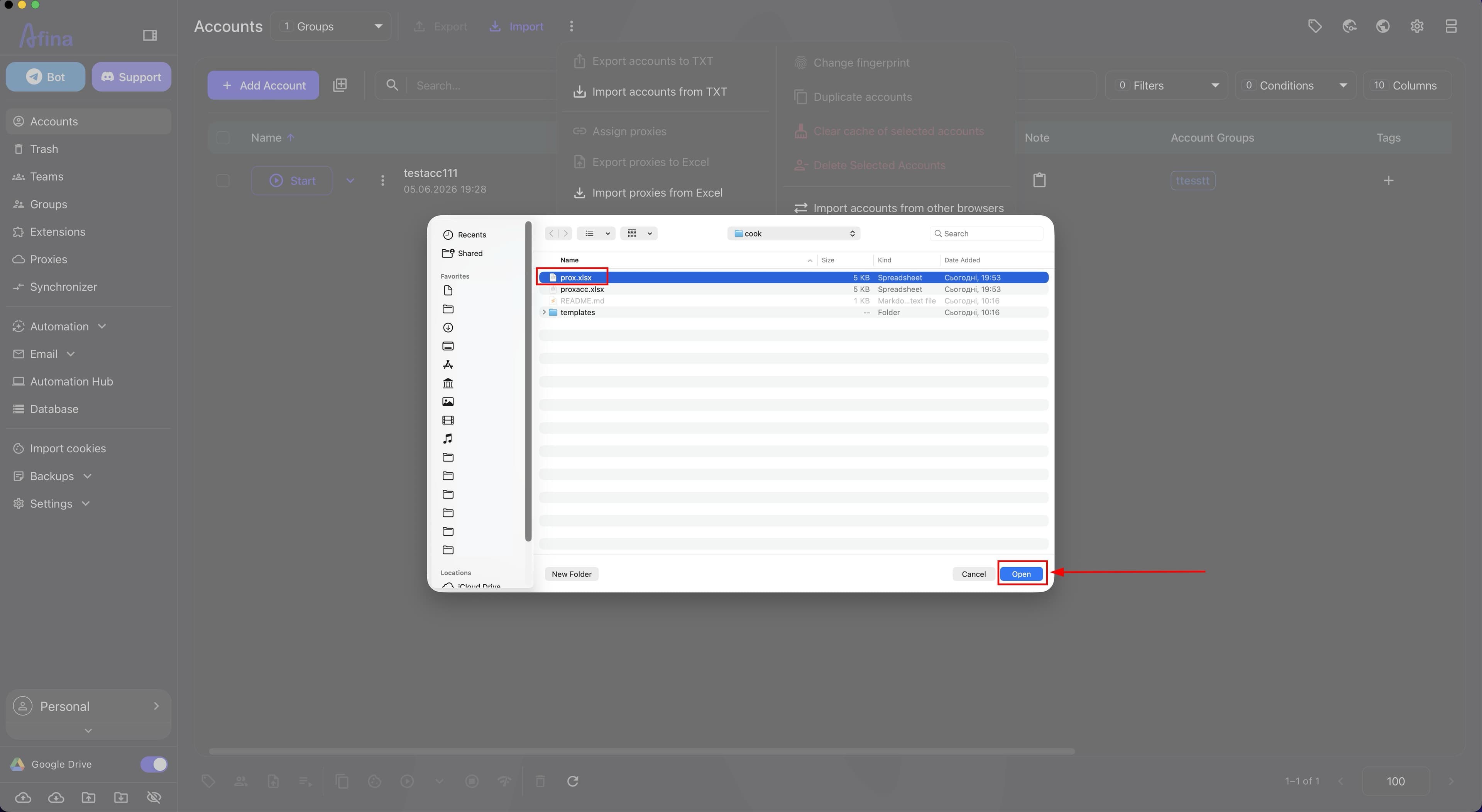 System window for selecting an Excel file to import into Accounts