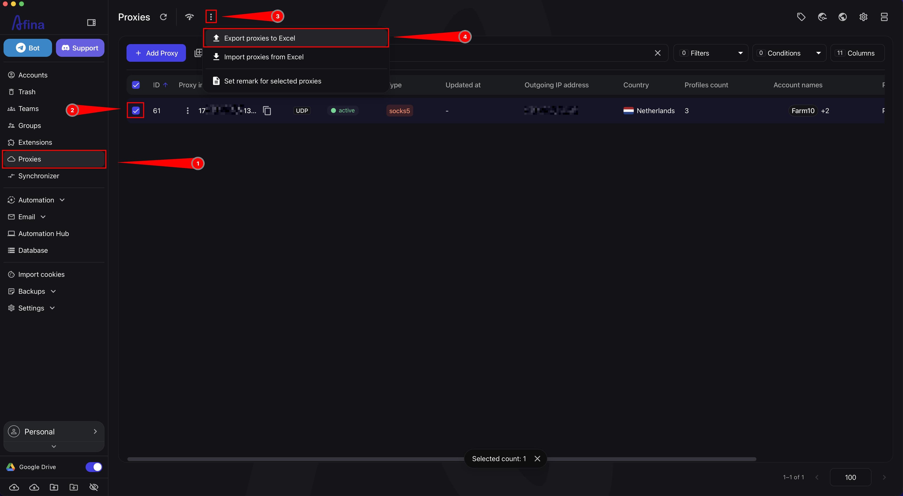 Export proxies to Excel menu in the Proxies section