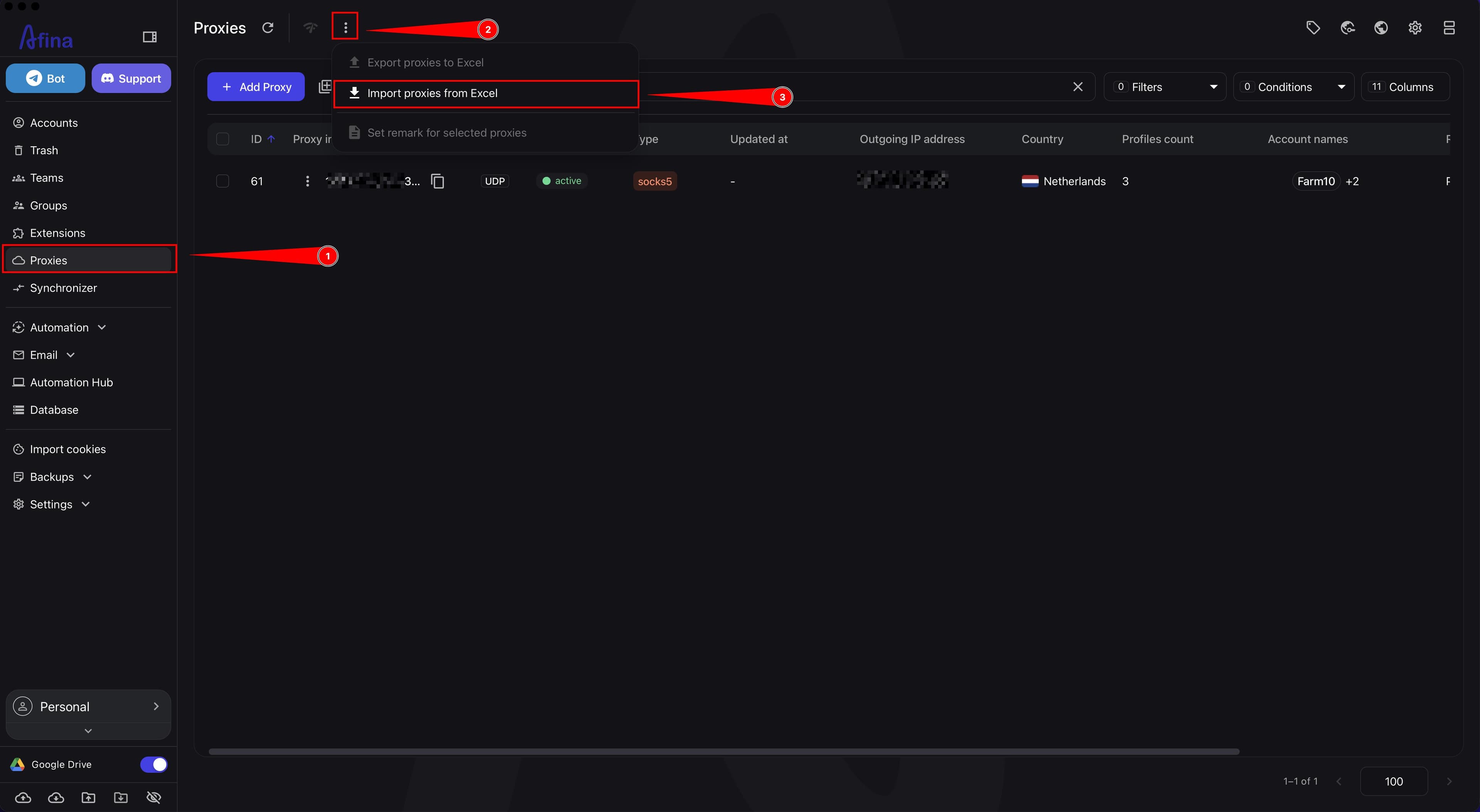 Import proxies from Excel menu in the Proxies section