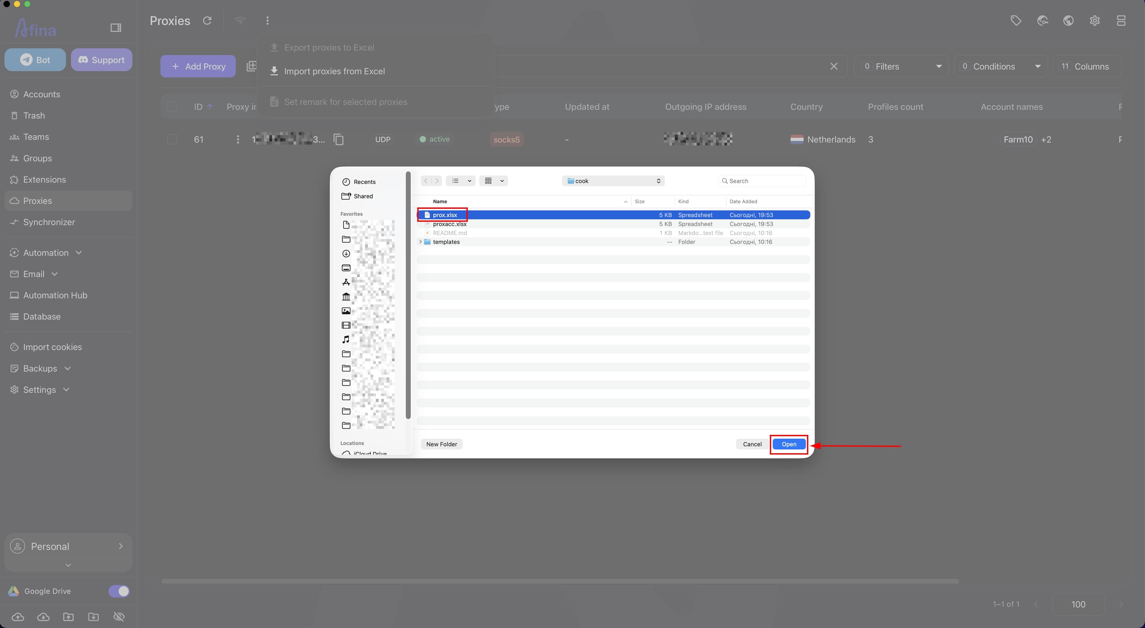 System window for selecting an Excel file to import into Proxies