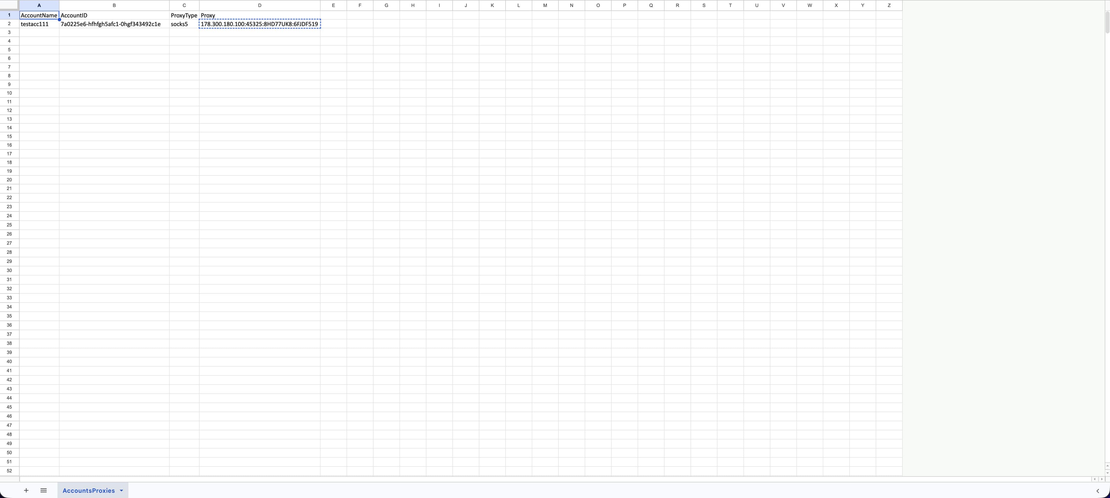 Excel file exported from the Accounts section