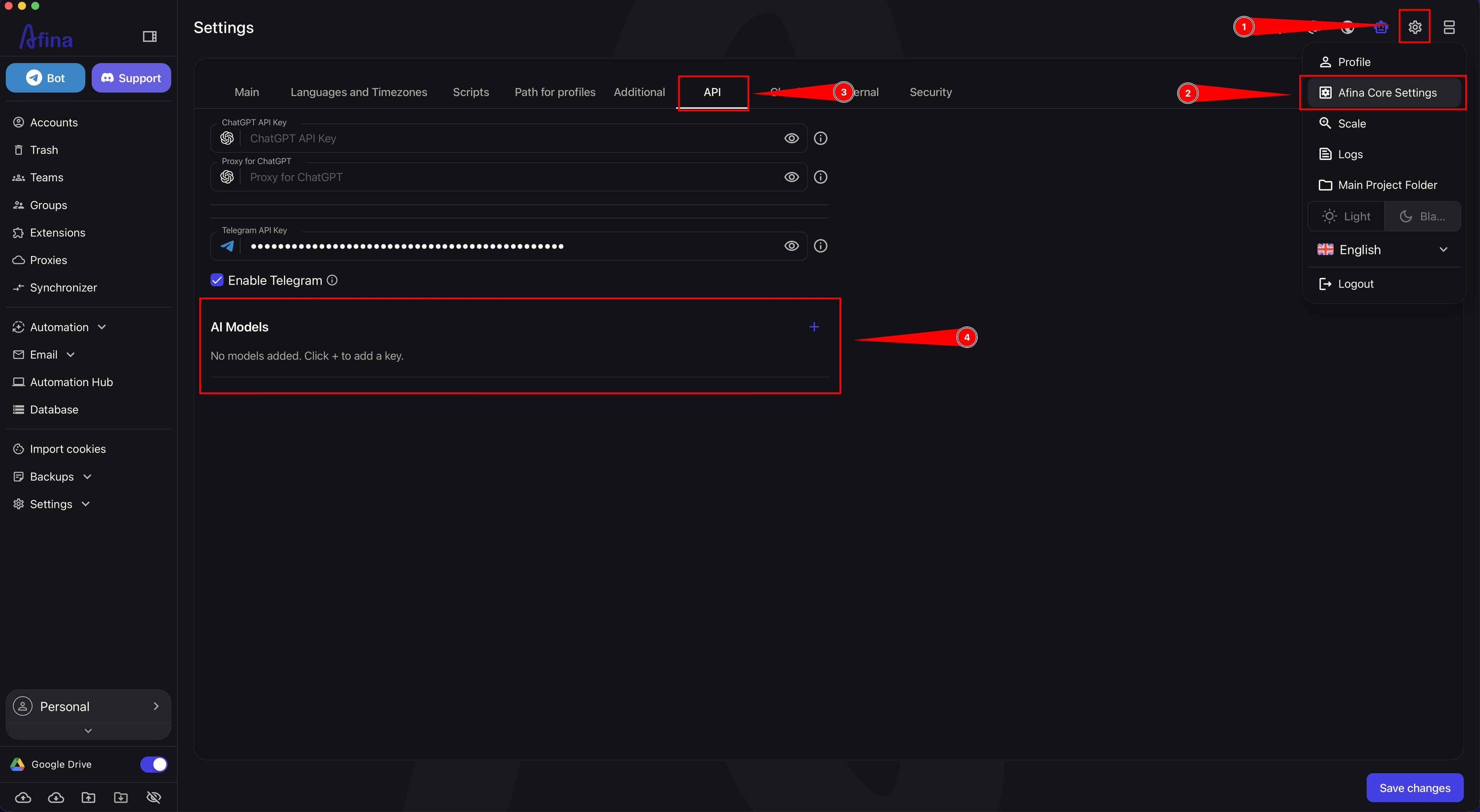 Afina Core Settings menu, open API tab, and AI Models block with the add model button