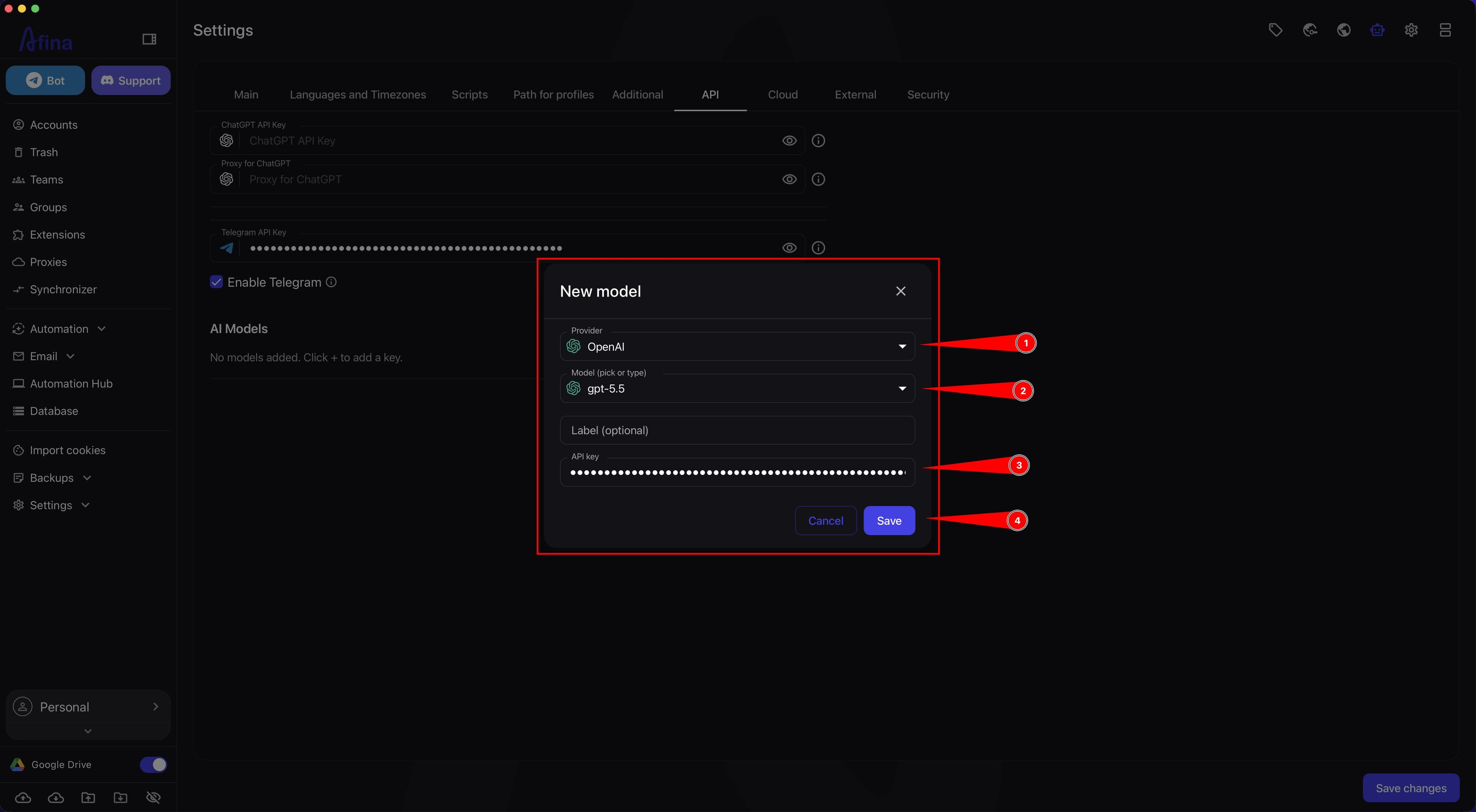 New model window with the selected provider and model, API key field, and Save button