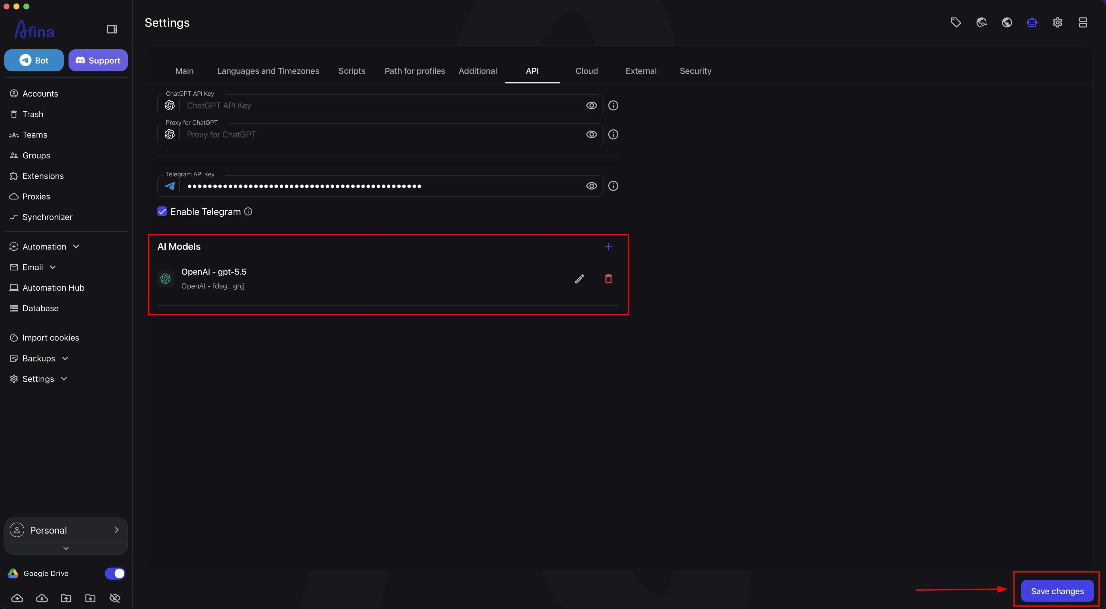 AI Models block with the already added provider and model, and the Save changes button