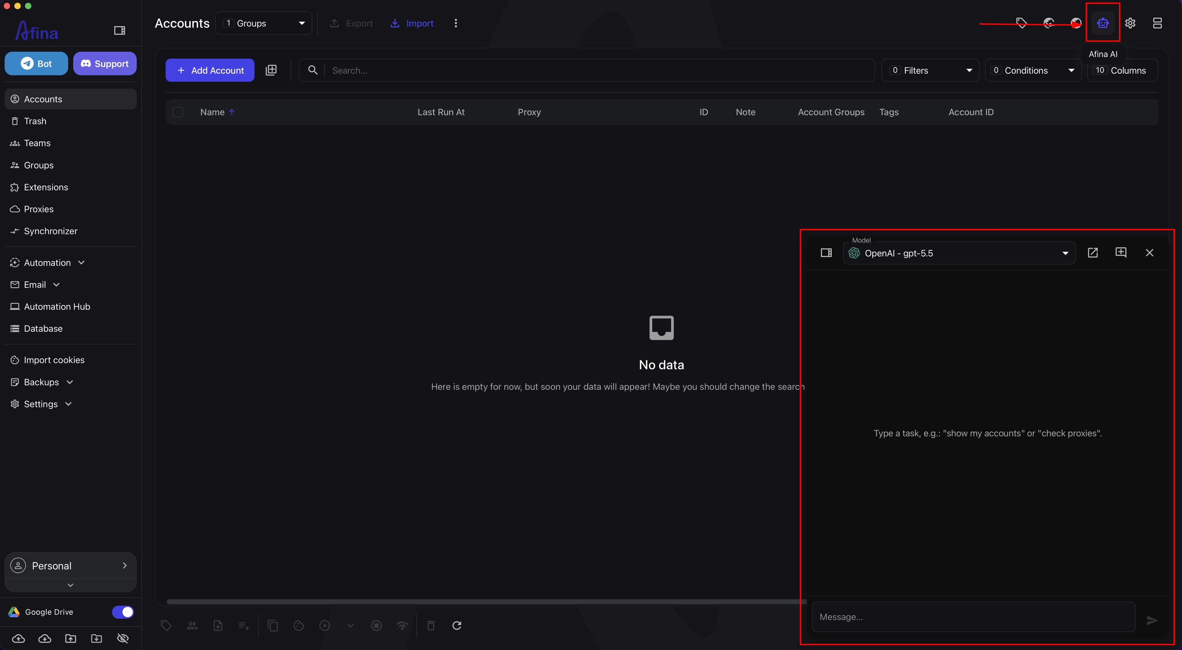 Afina AI button in the top panel and the open chat panel with the selected provider and model