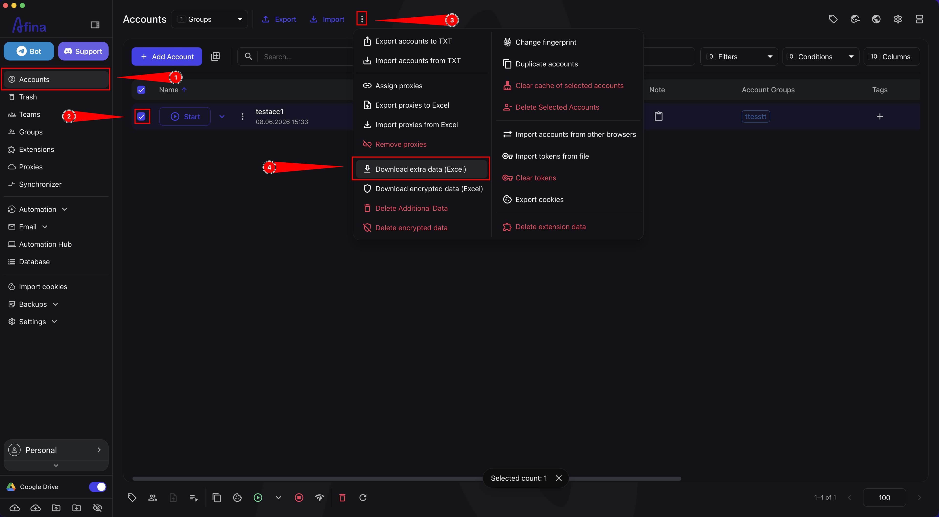 Menu for exporting Additional Data and Encrypted Data in the Accounts section