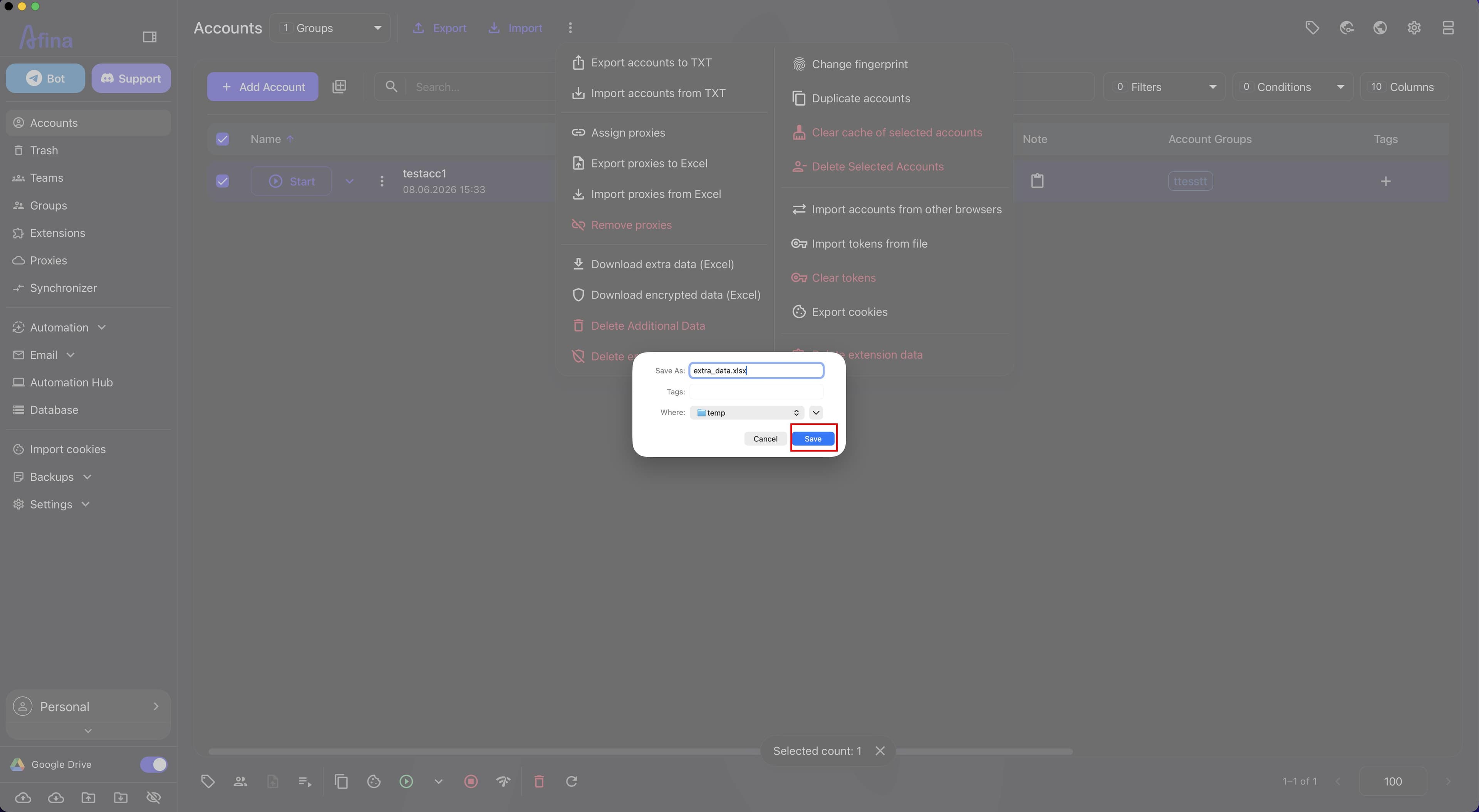 System file save window for exporting Additional Data