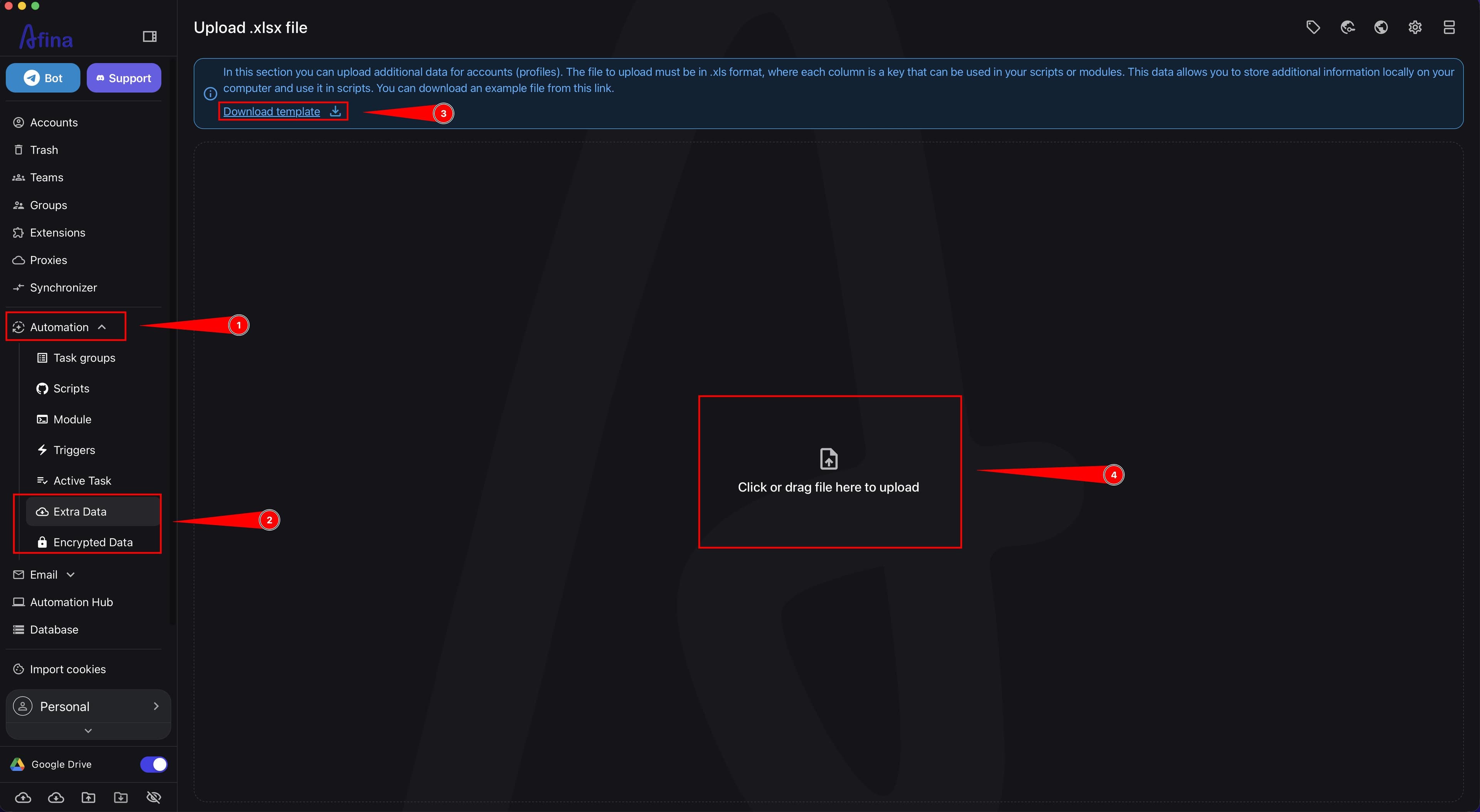 Extra Data section with the Download template button and XLSX file upload area