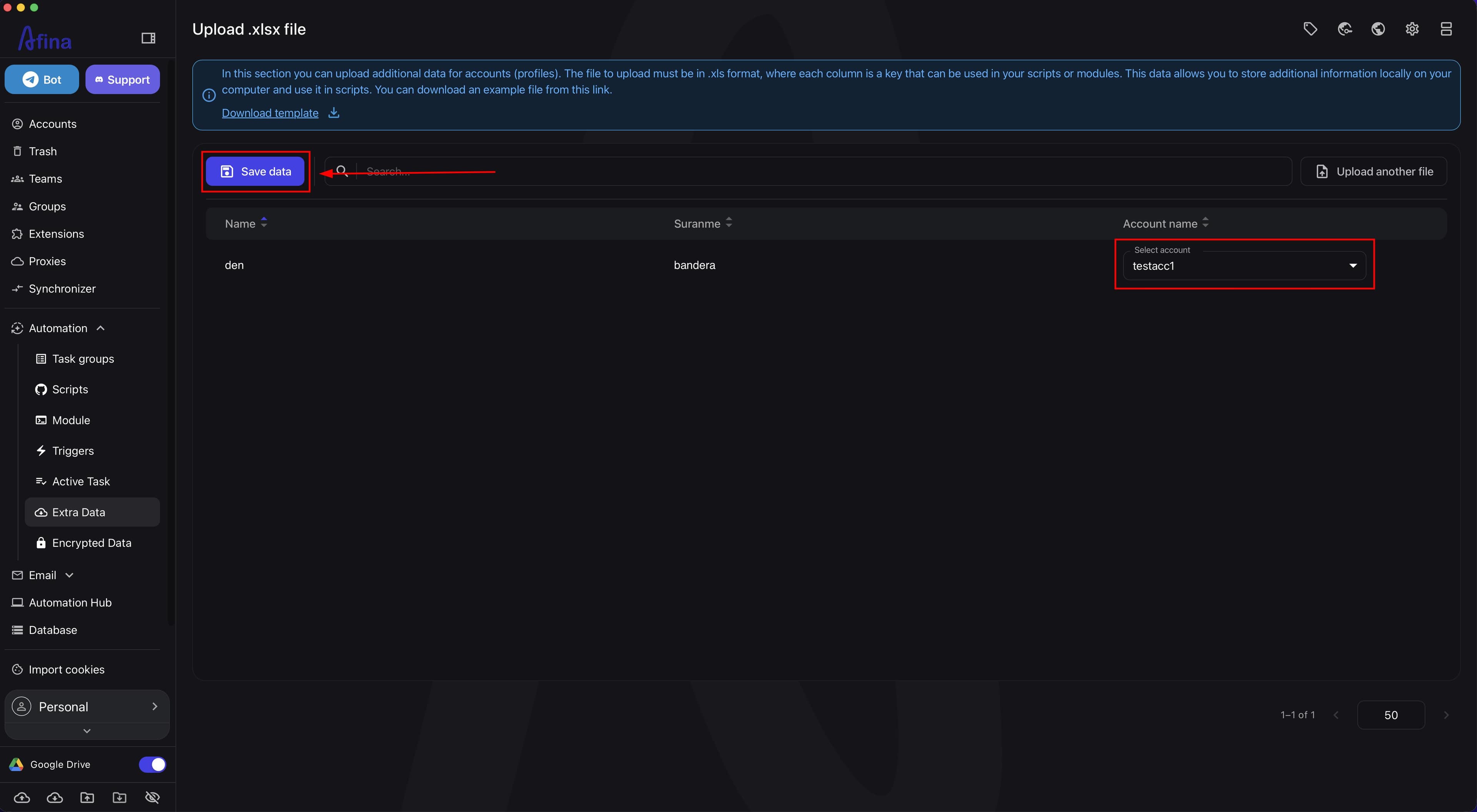 Import preview table with the Save data button and account selection