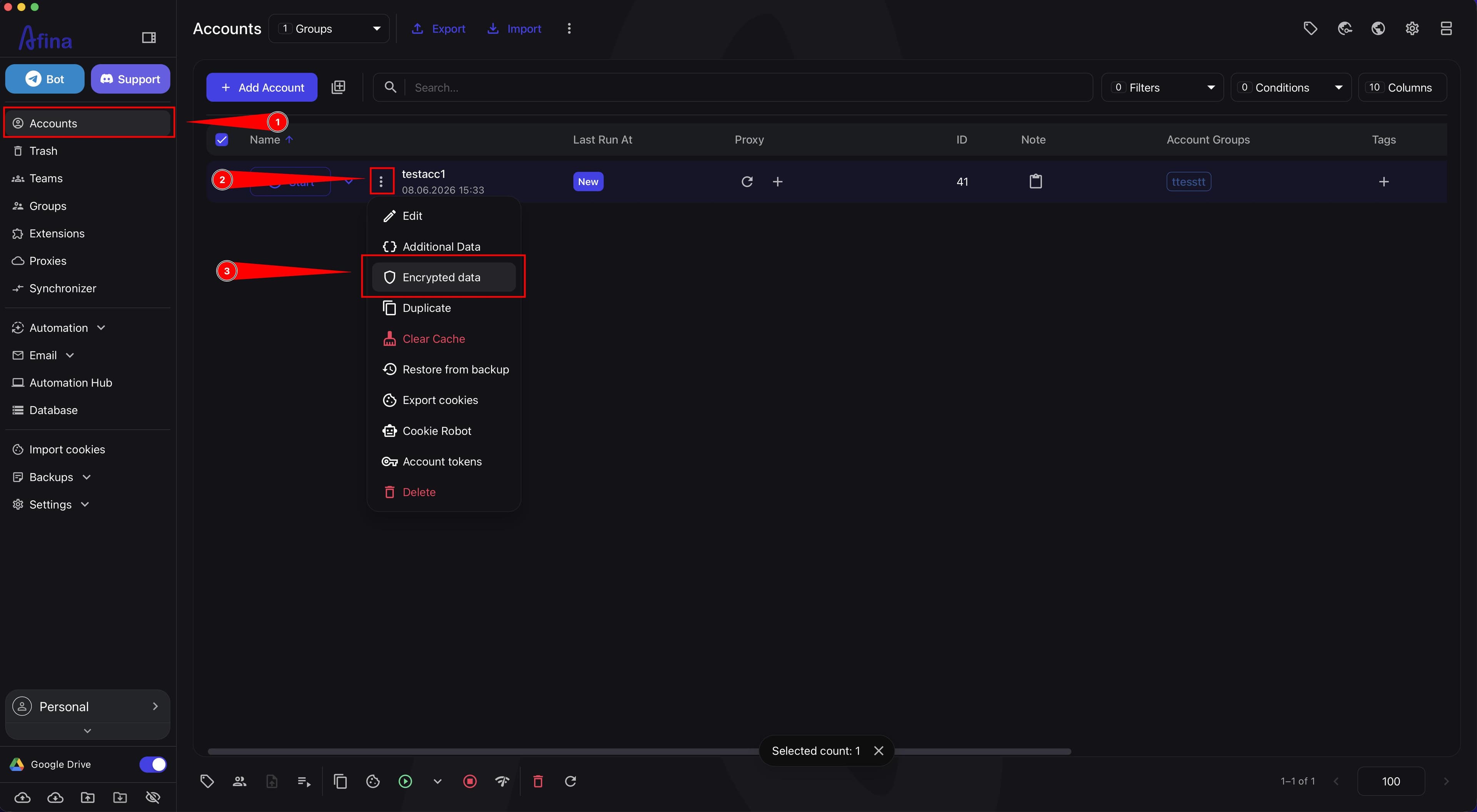 Account menu with the Encrypted Data item