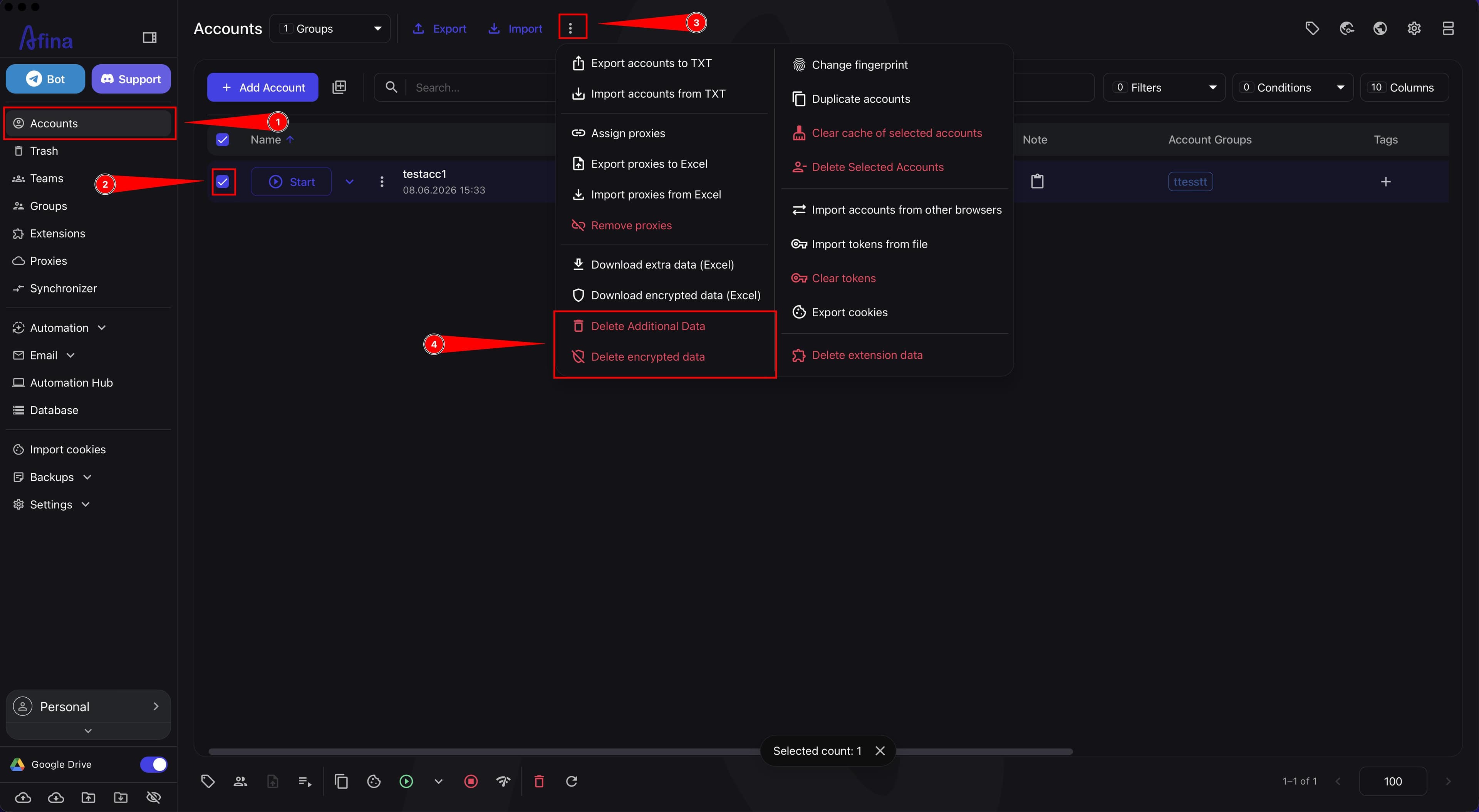 Bulk deletion menu for Additional Data and Encrypted Data in the Accounts section