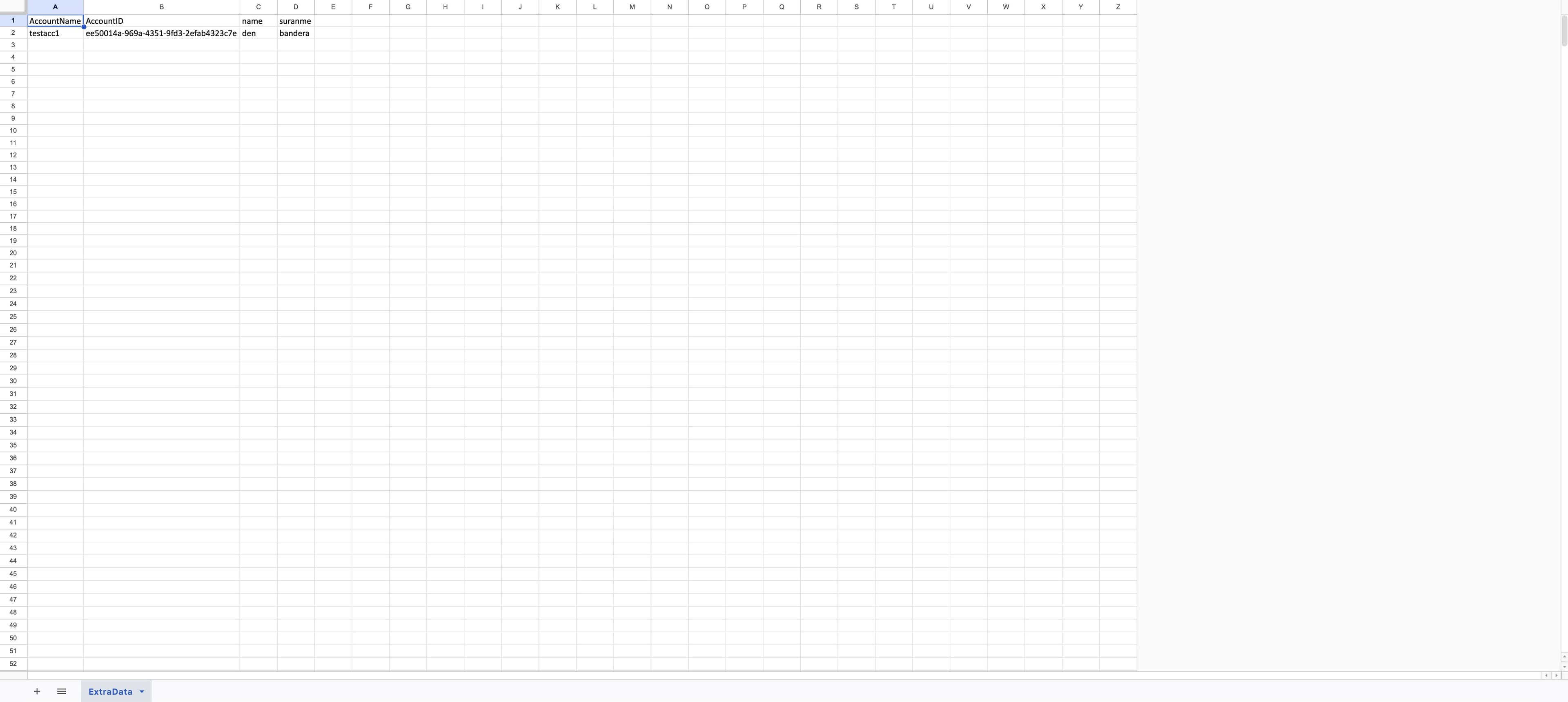 Приклад Excel-файлу з колонками AccountName, AccountID і ключами даних