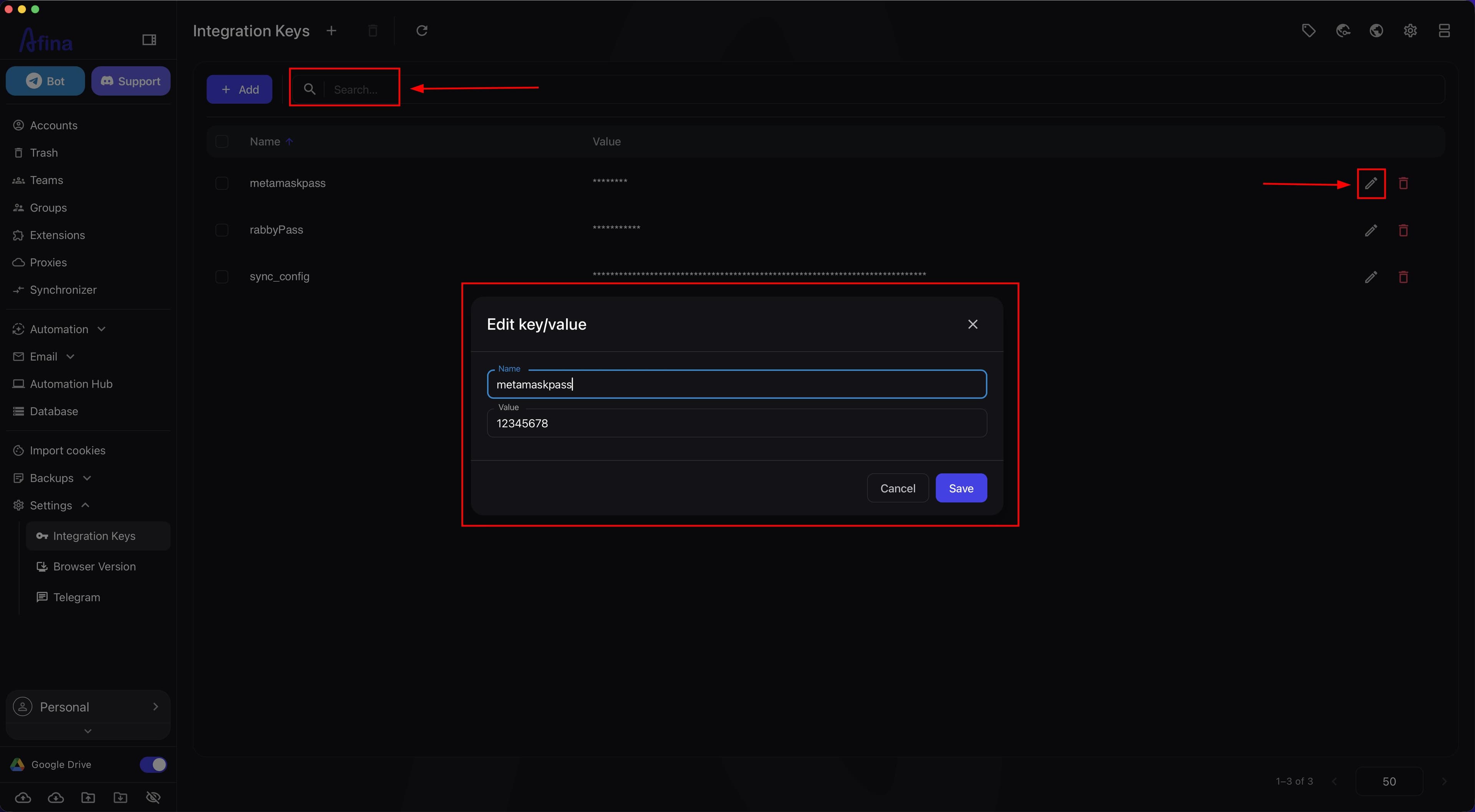 Searching and editing an integration key