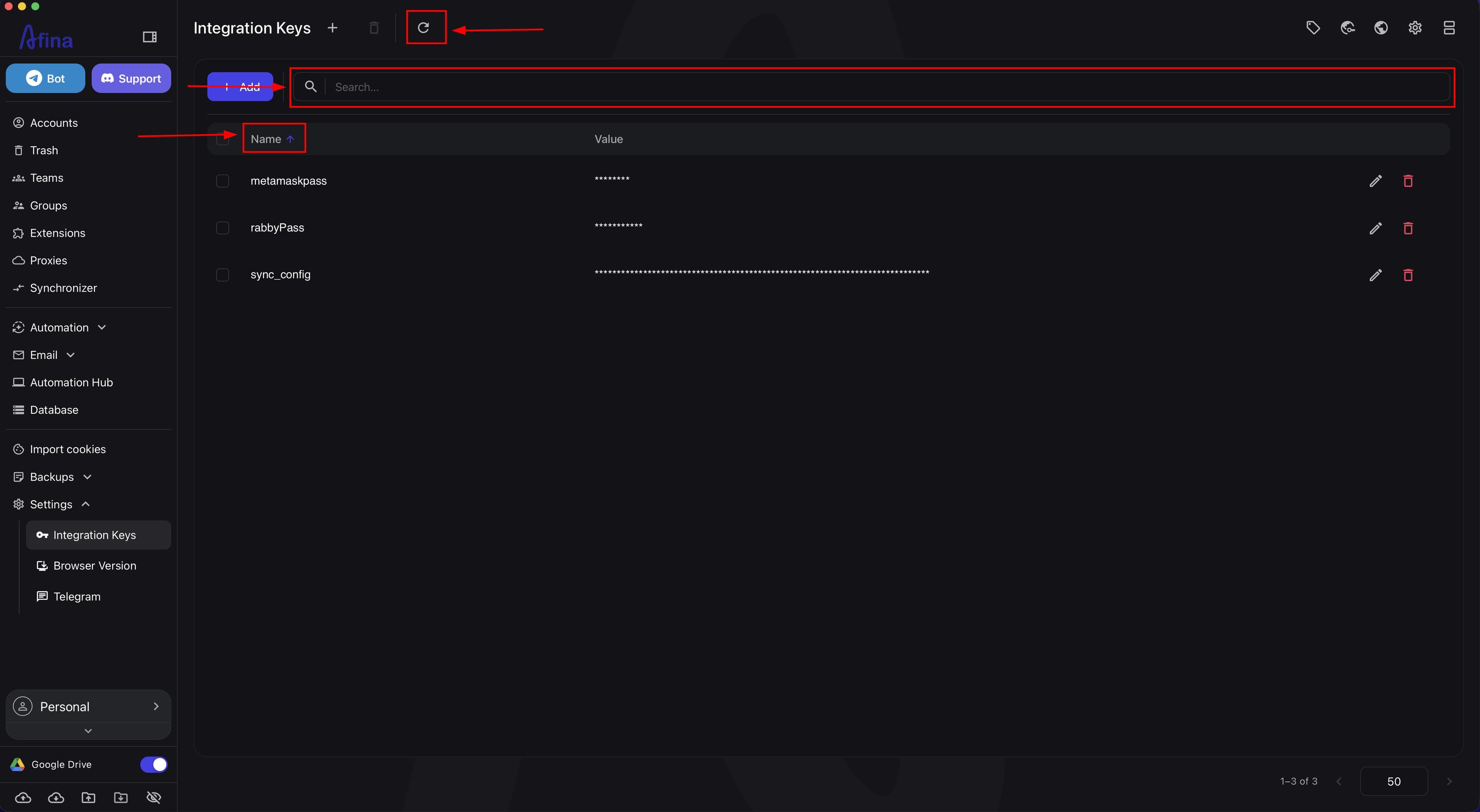 Search, sorting, and refreshing the keys table