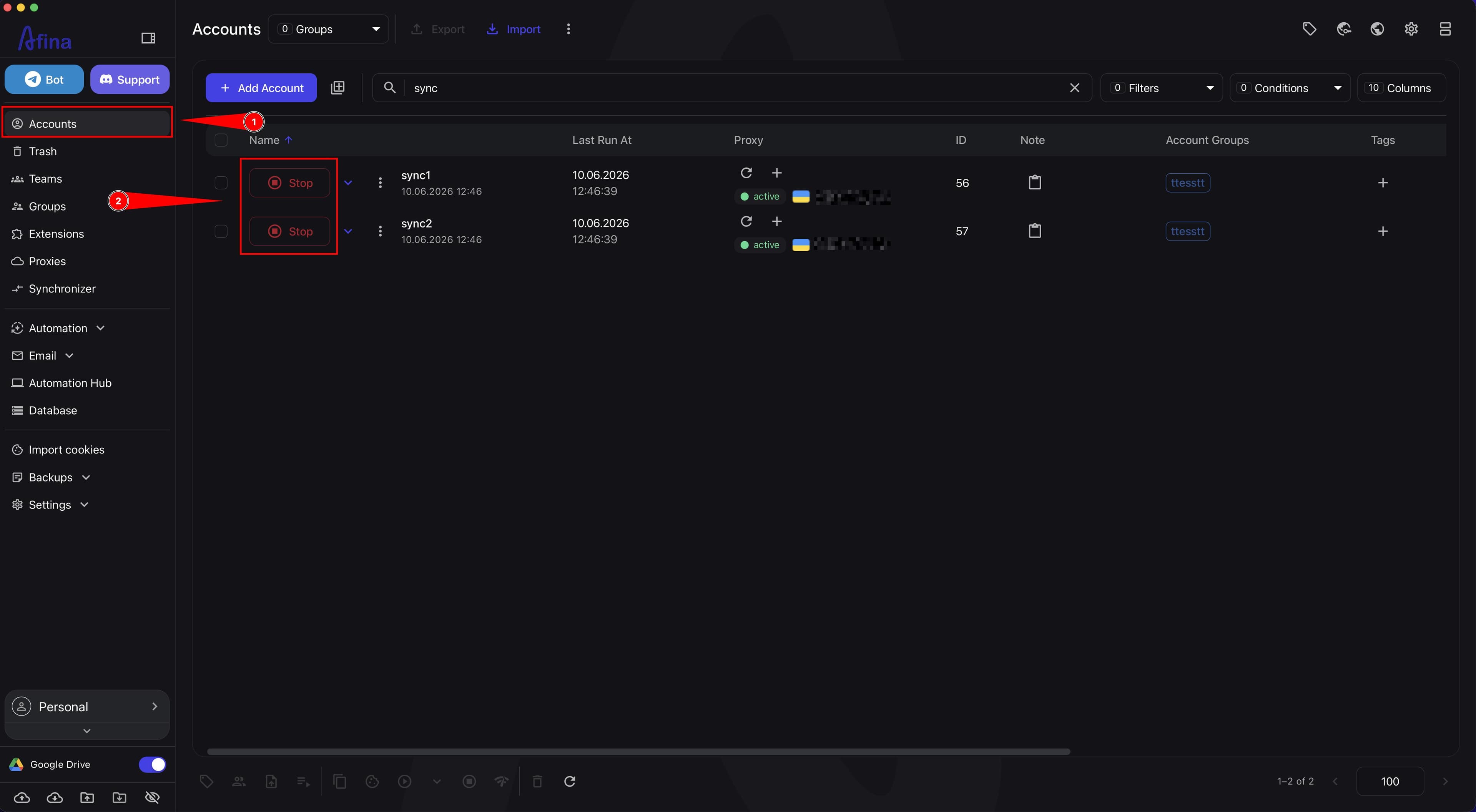 Accounts section with two running profiles