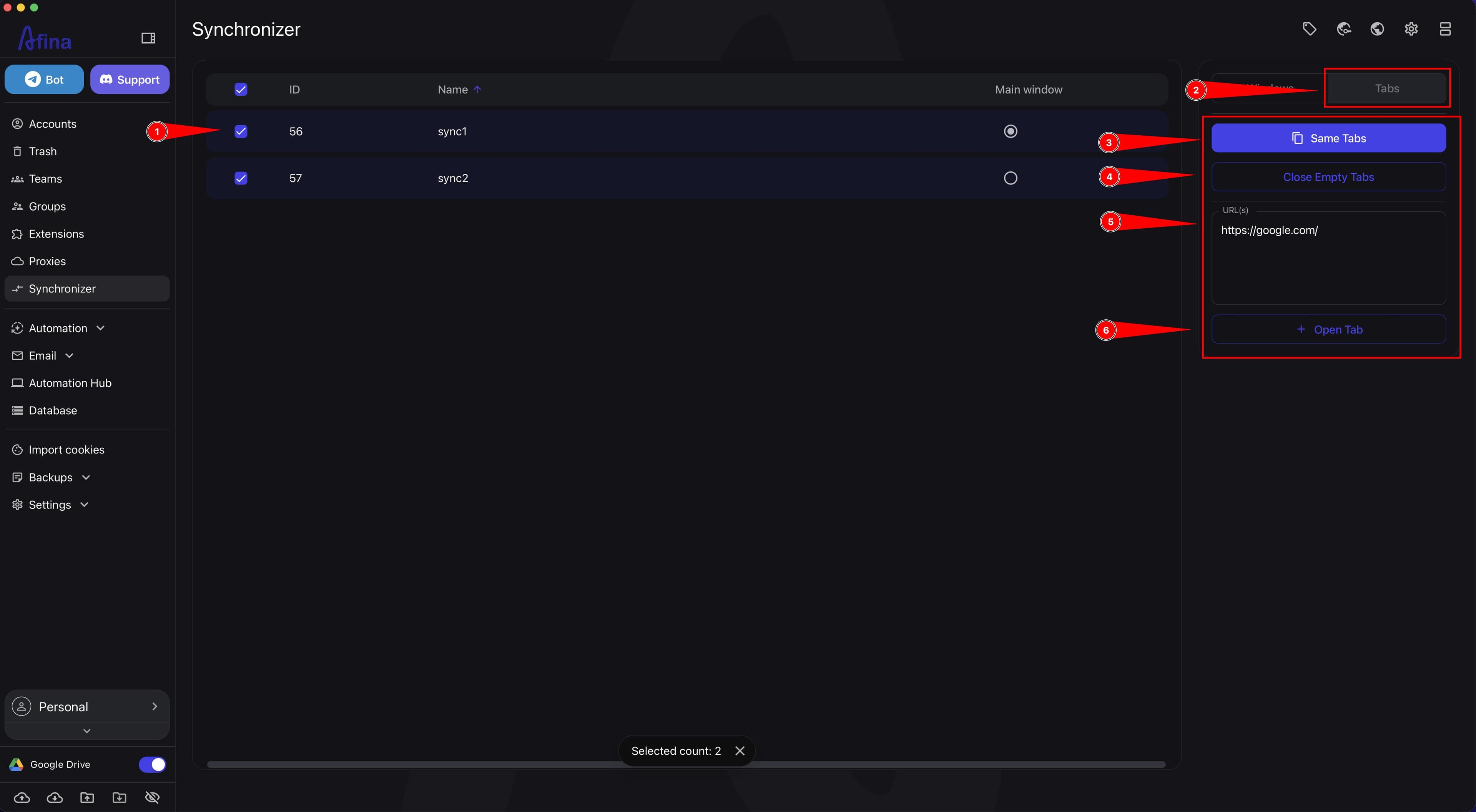 Tabs tab in Synchronizer with Same Tabs and Close Empty Tabs buttons, URL(s) field, and Open Tab button