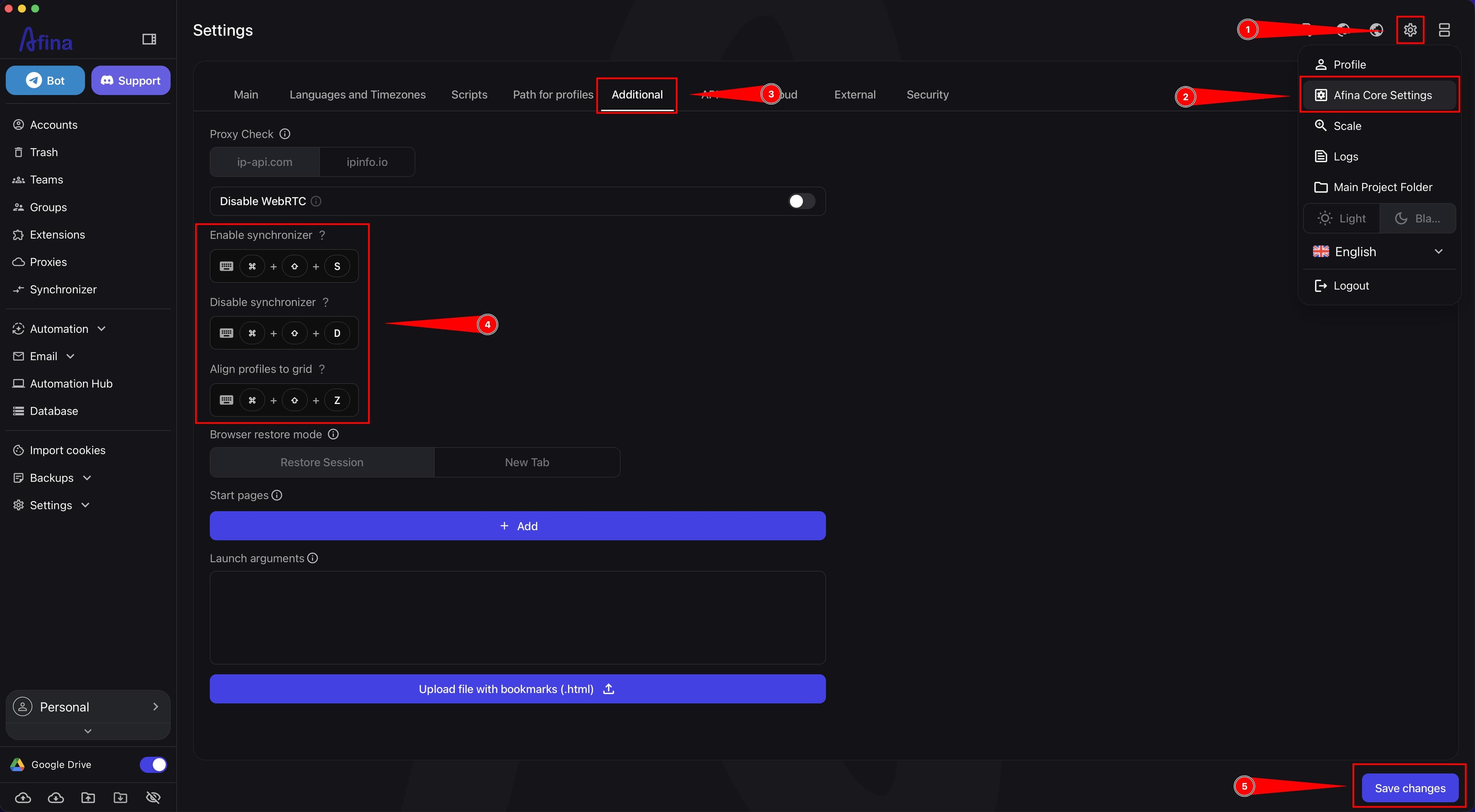 Afina Core Settings section on the Additional tab with hotkey fields for enabling, disabling, and aligning the synchronizer, and the Save changes button