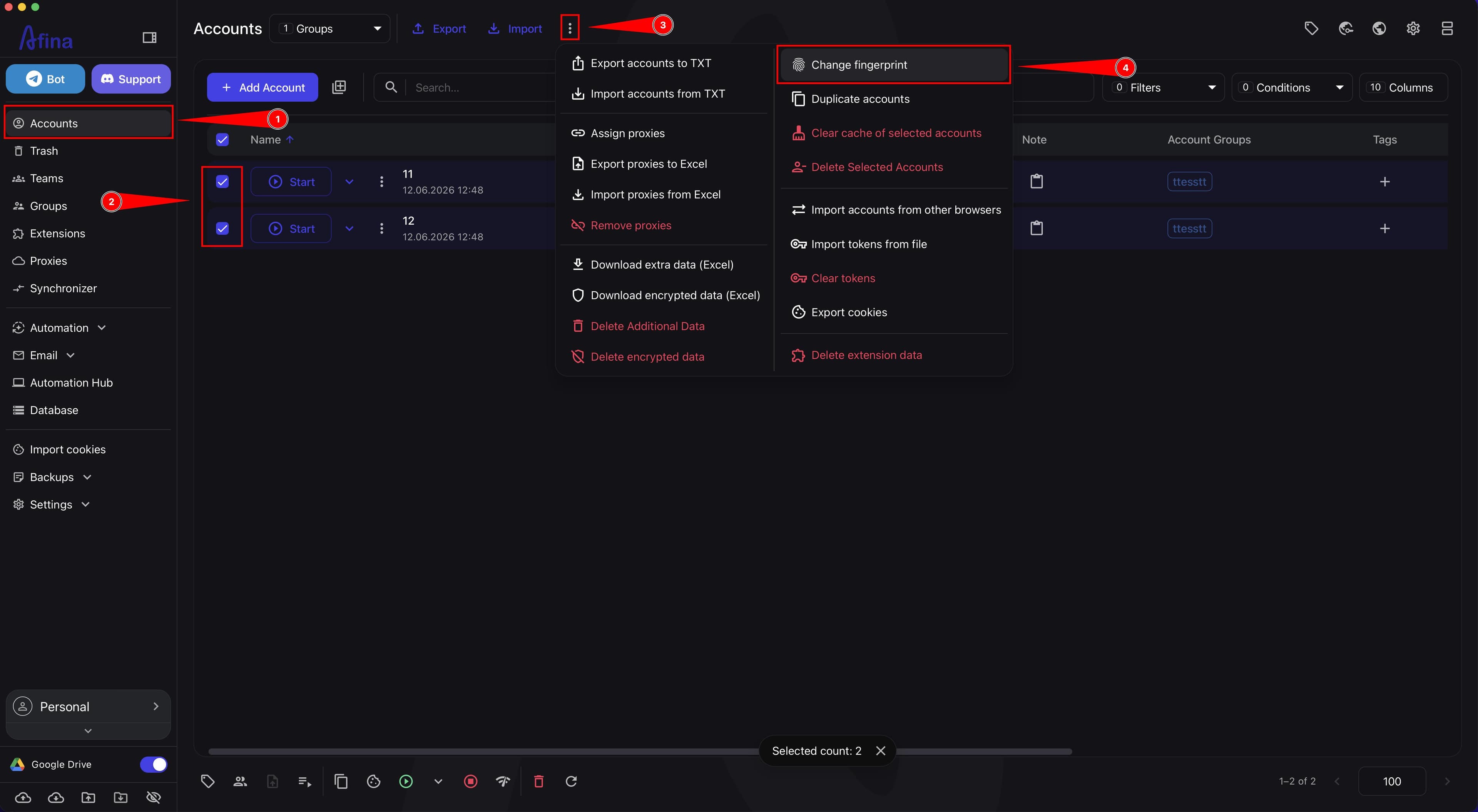 Accounts section with selected profiles, the additional actions menu open, and the Change fingerprint item