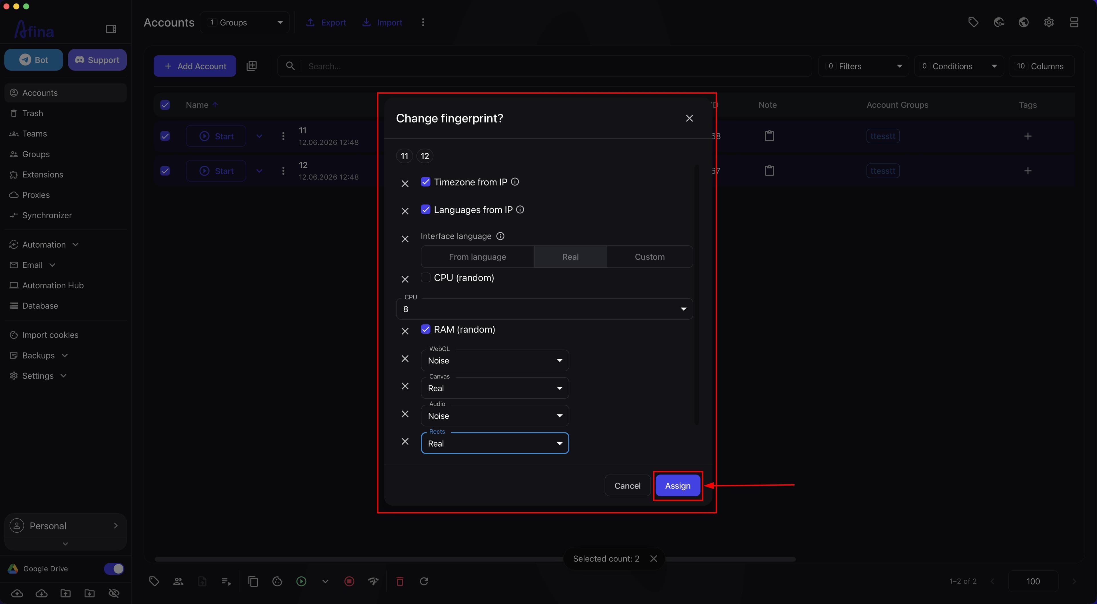 Change fingerprint window with filled parameters and the Assign button