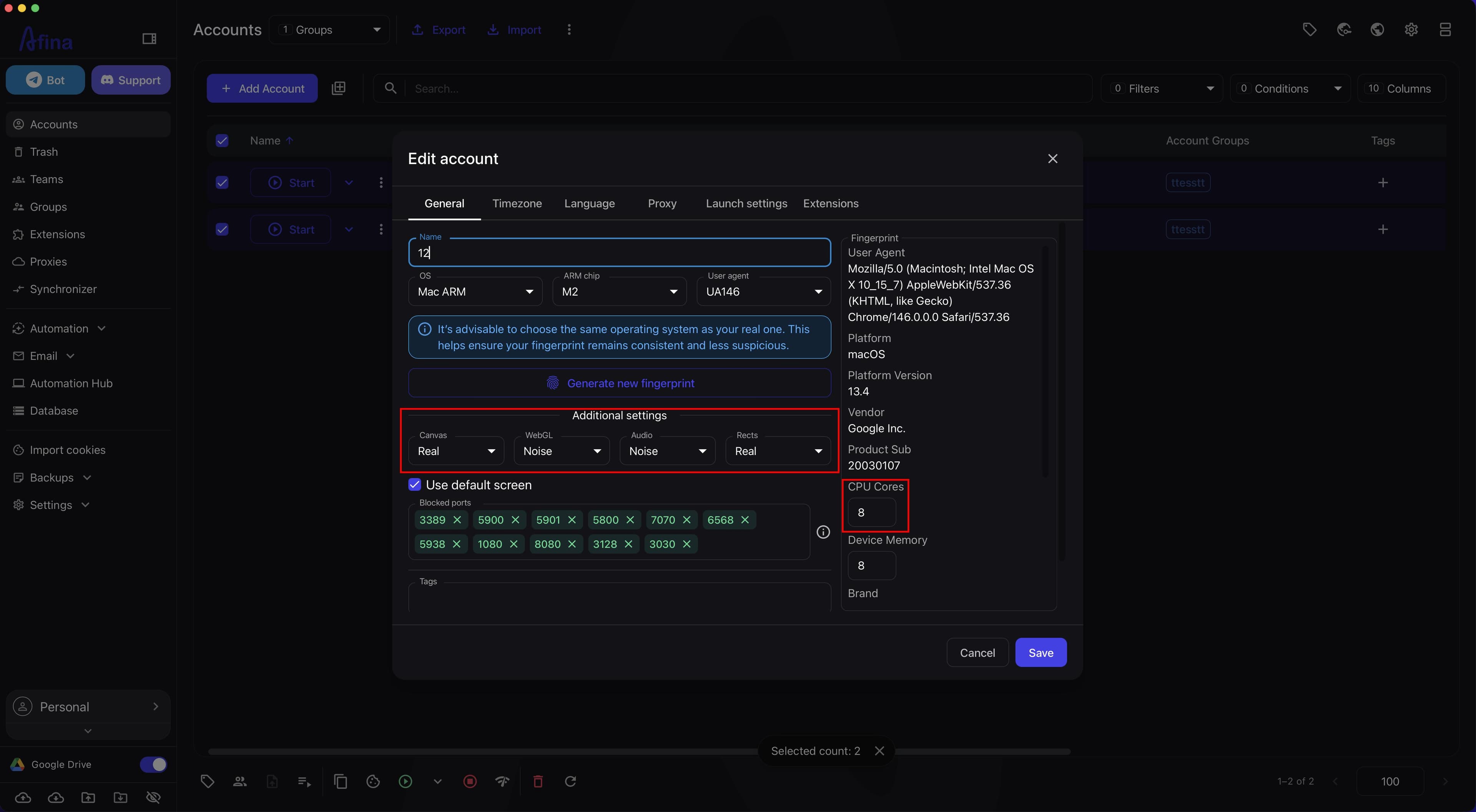 Edit account window with updated parameters
