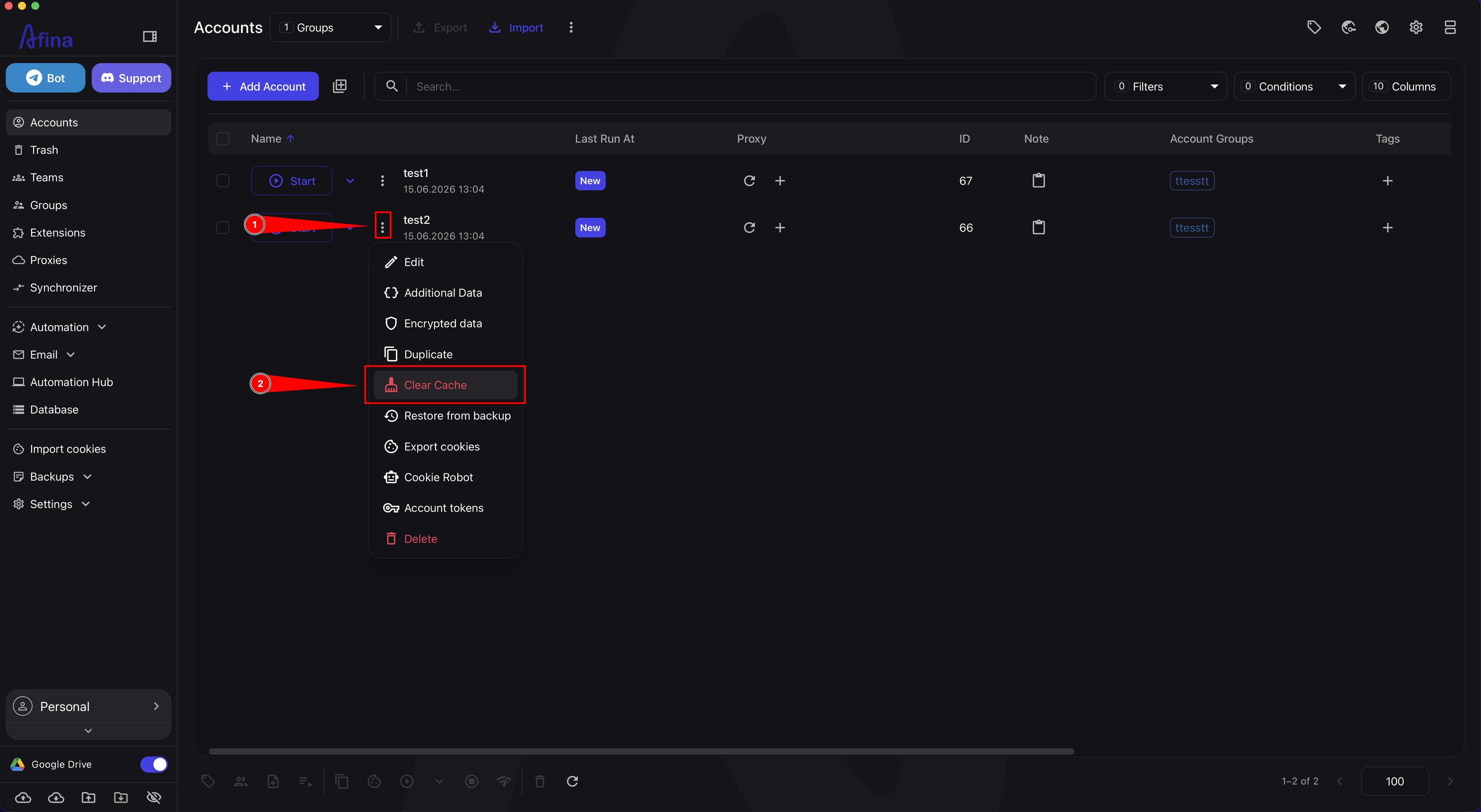 Accounts section with the action menu open in the profile row and the Clear cache option