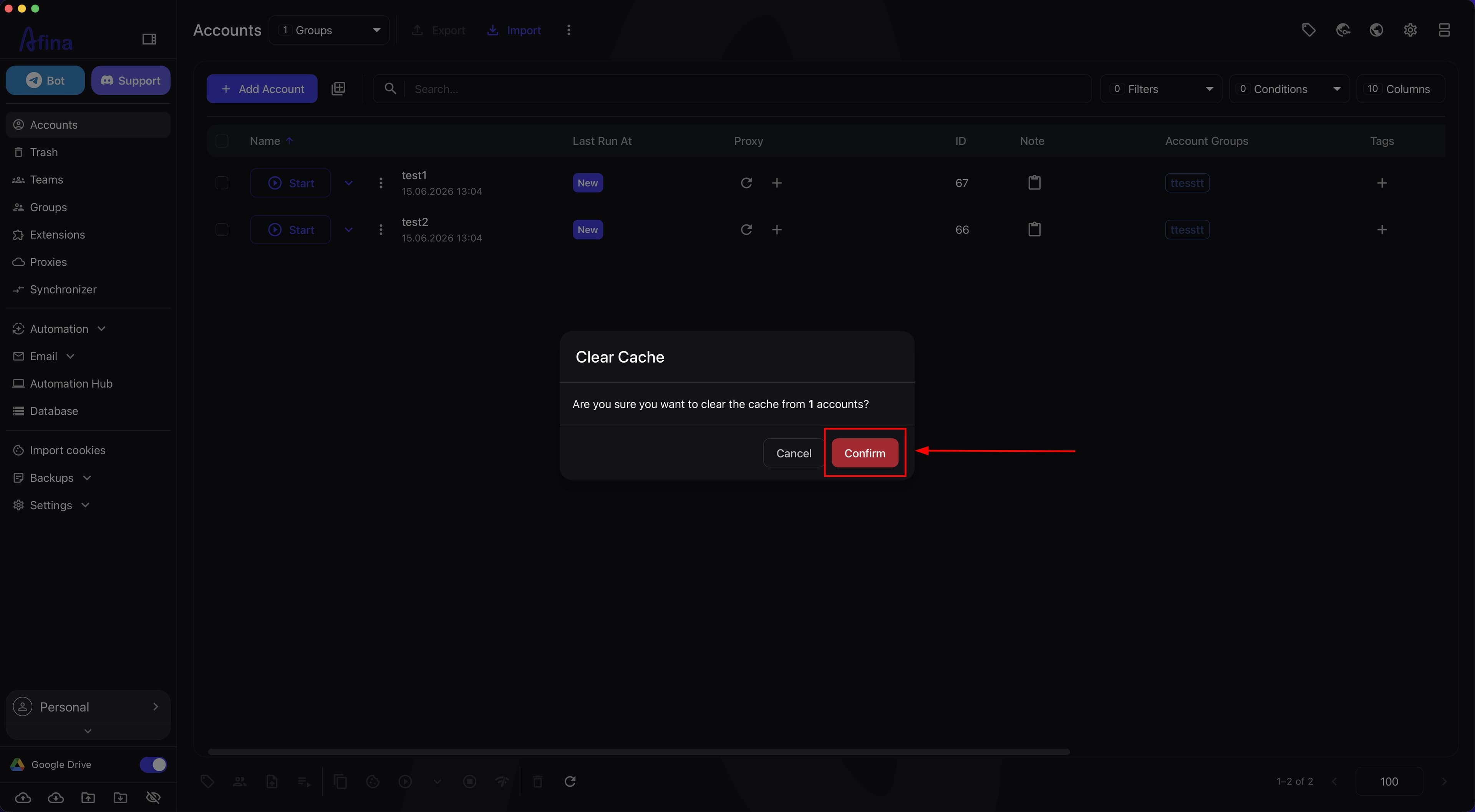 Clear Cache modal window with the Confirm button for one account