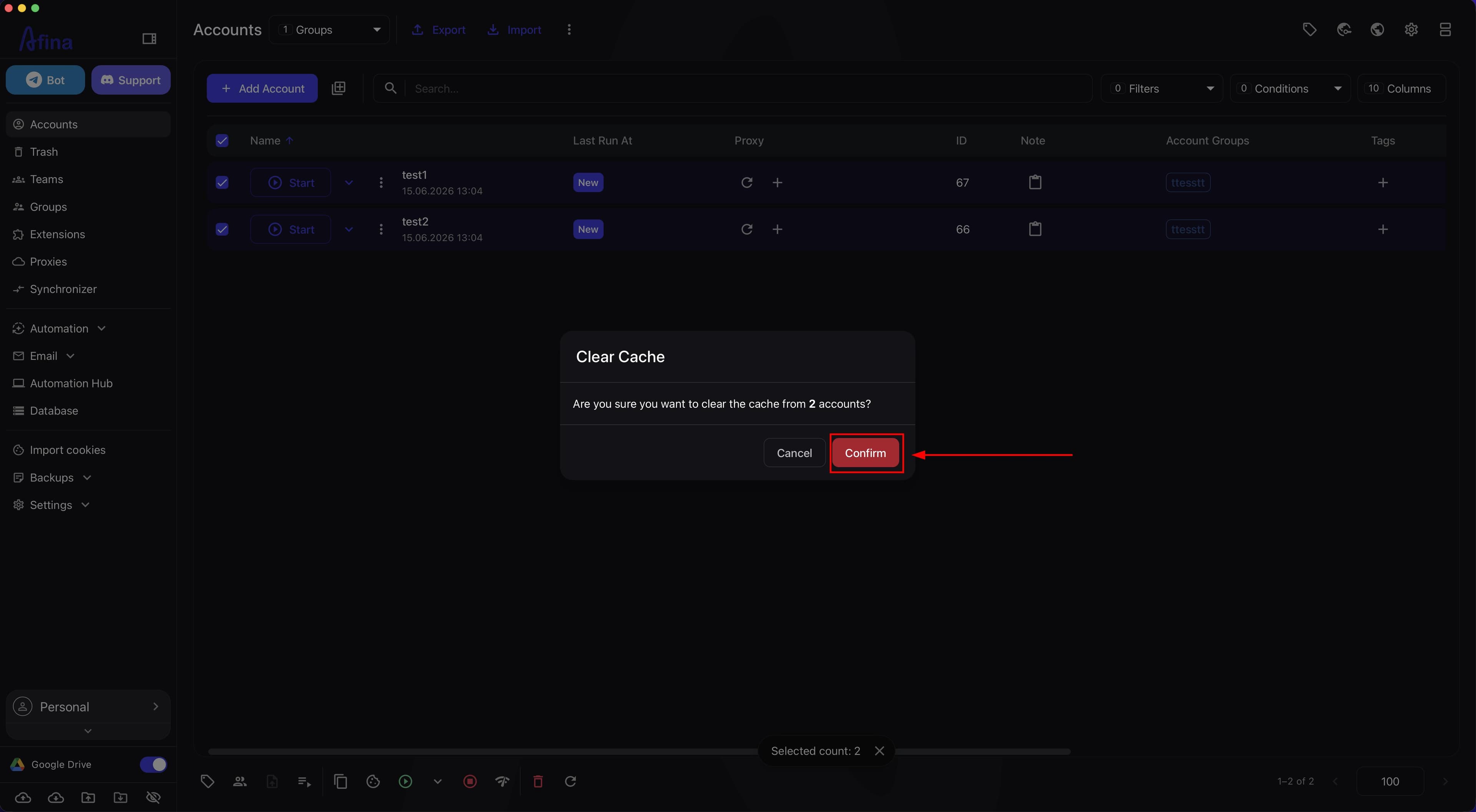 Clear Cache modal window with the Confirm button for selected accounts