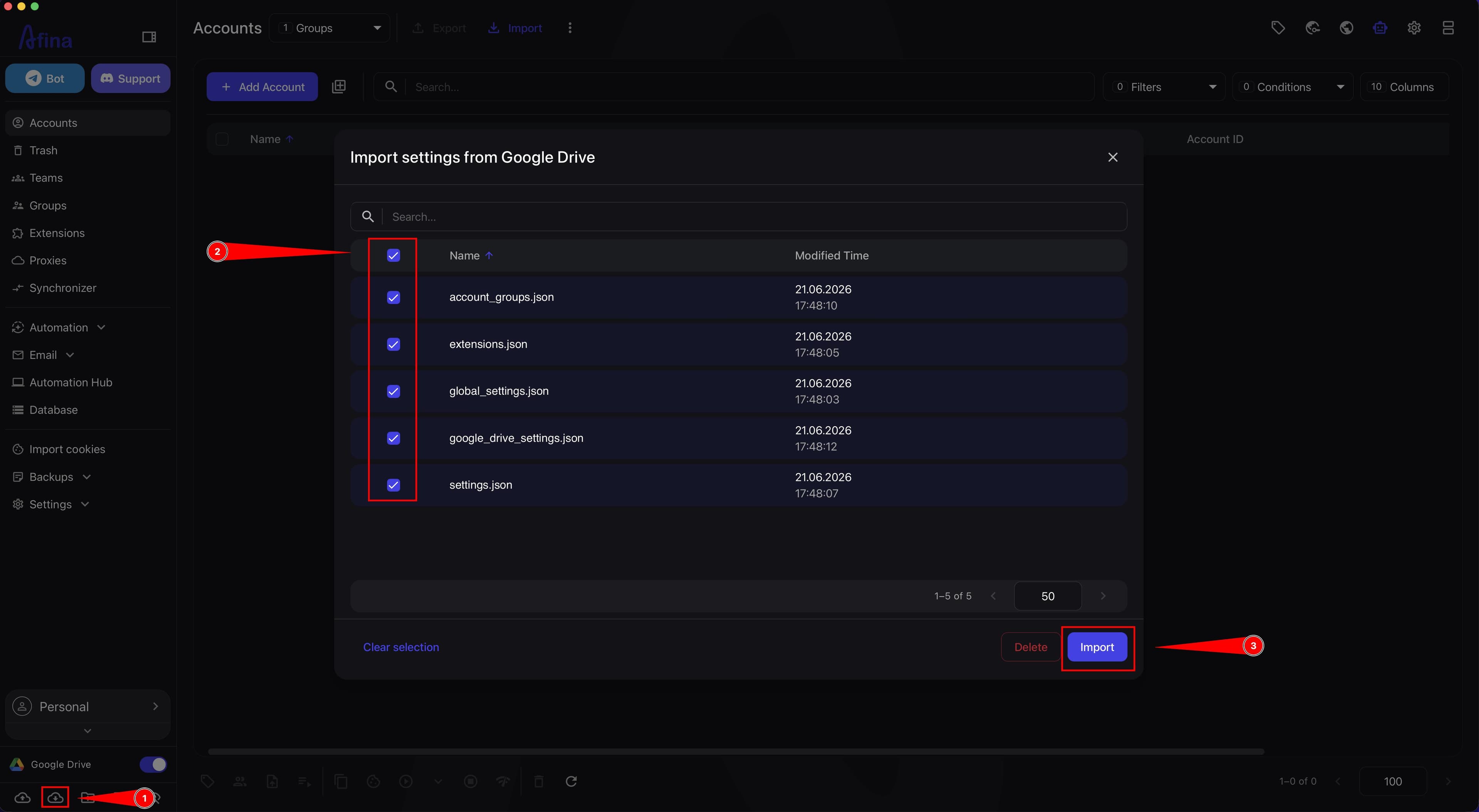 Import settings from Google Drive with configuration file selection