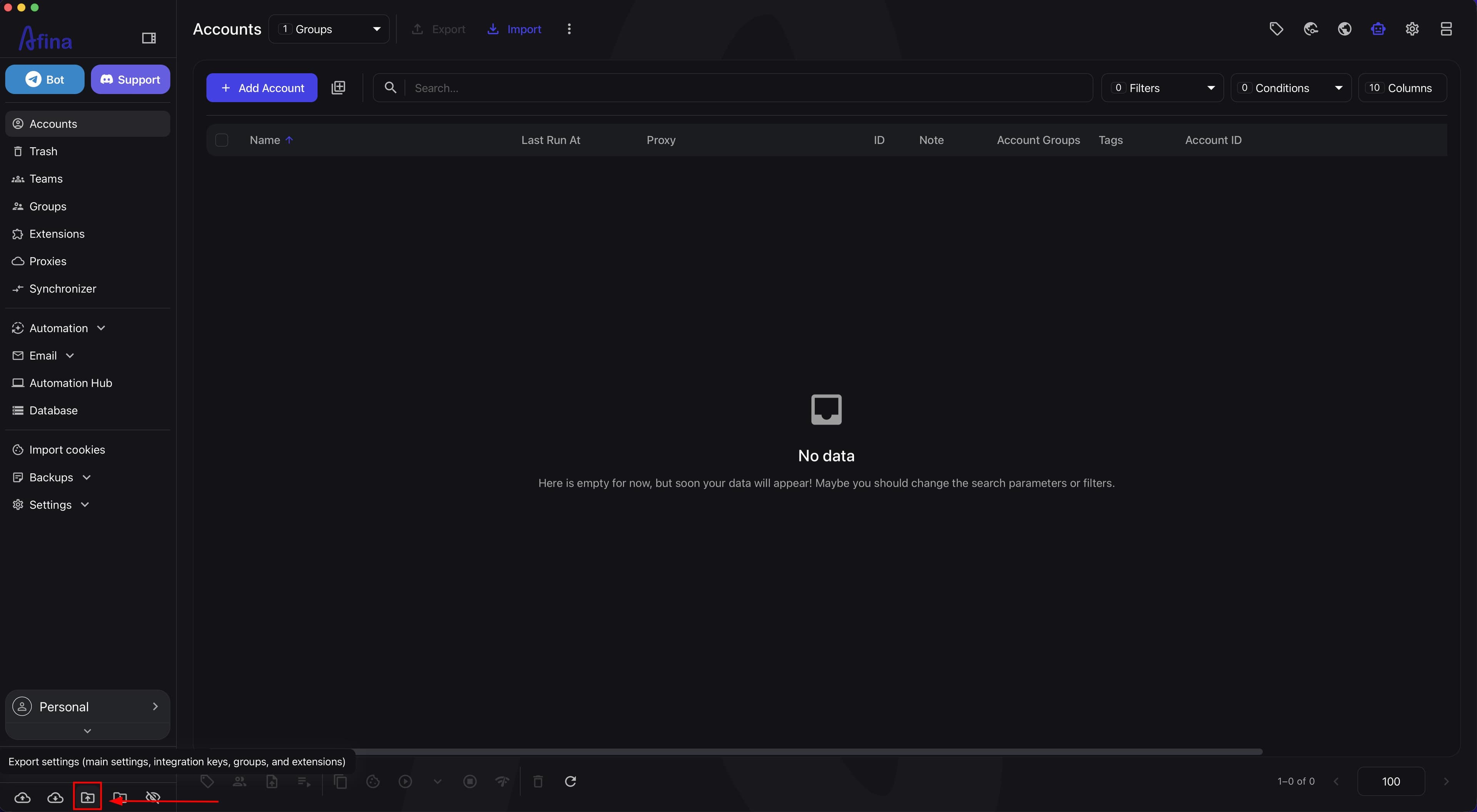 Local settings export icon on the bottom panel