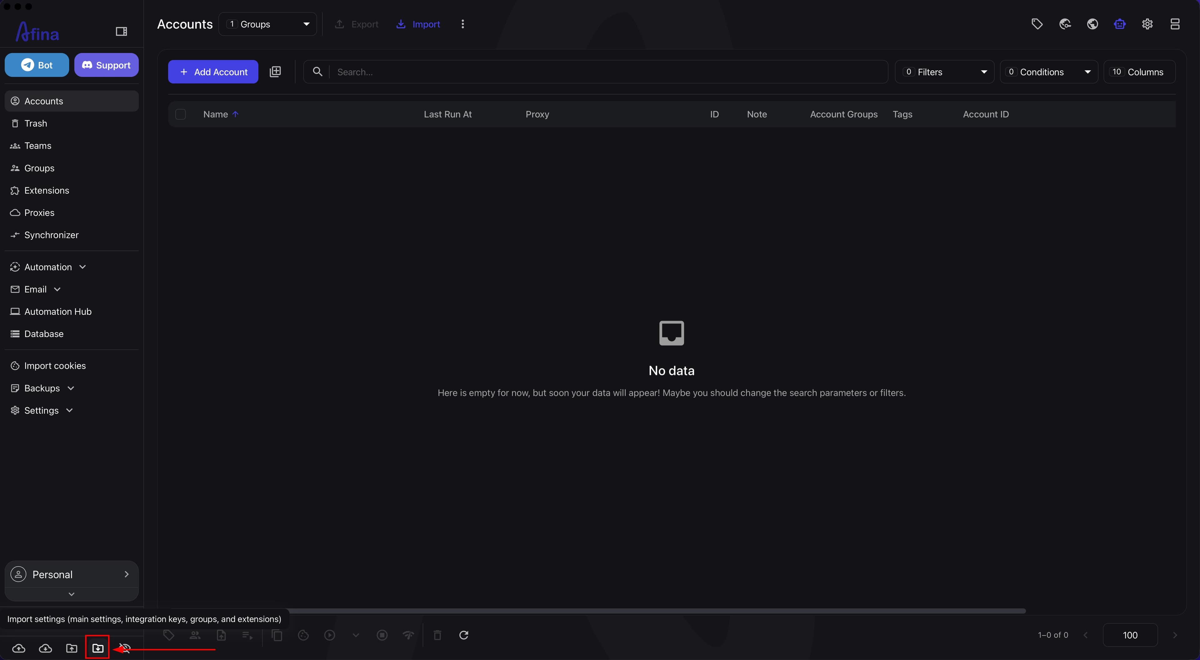 Local settings import icon on the bottom panel