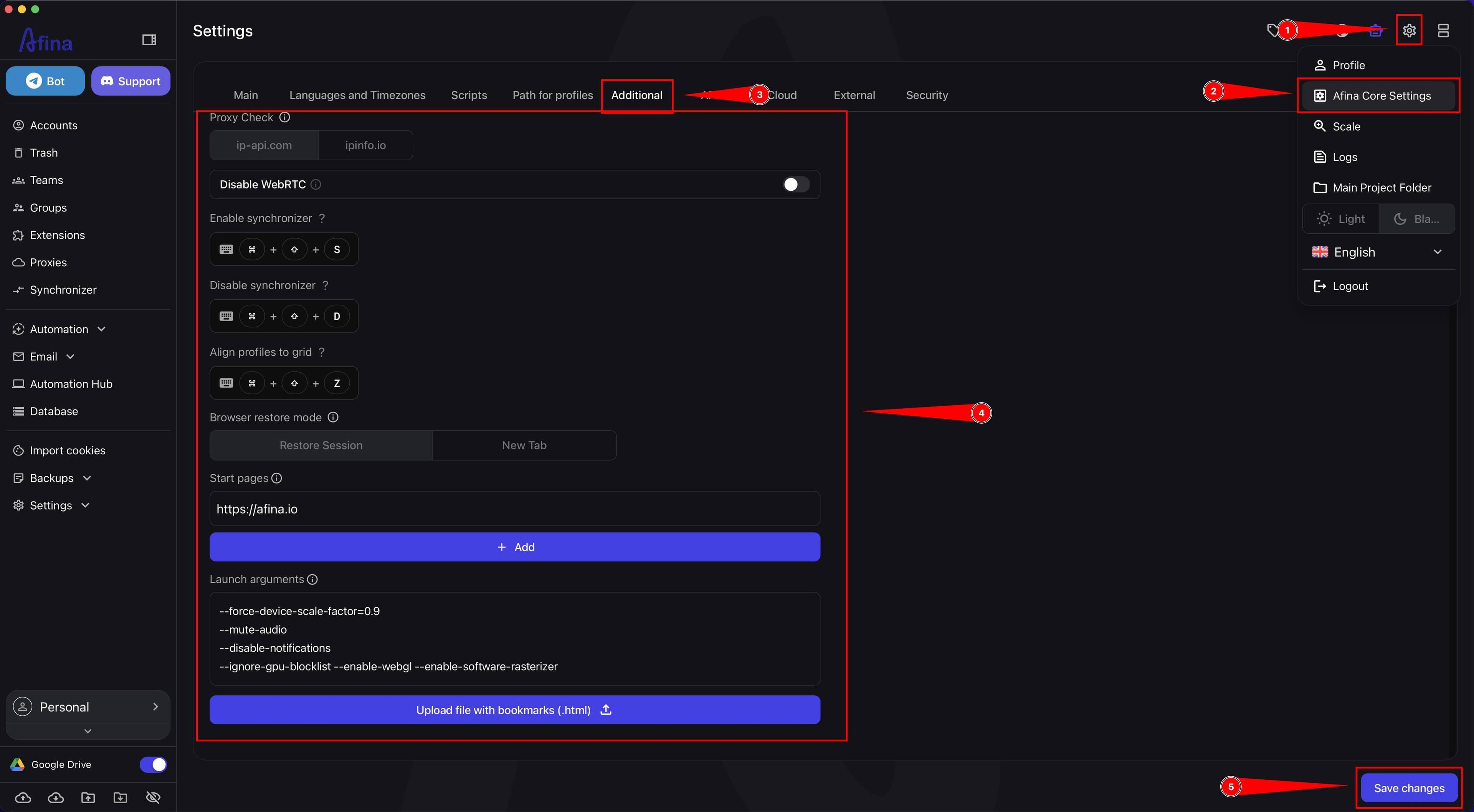 Opening the Additional tab