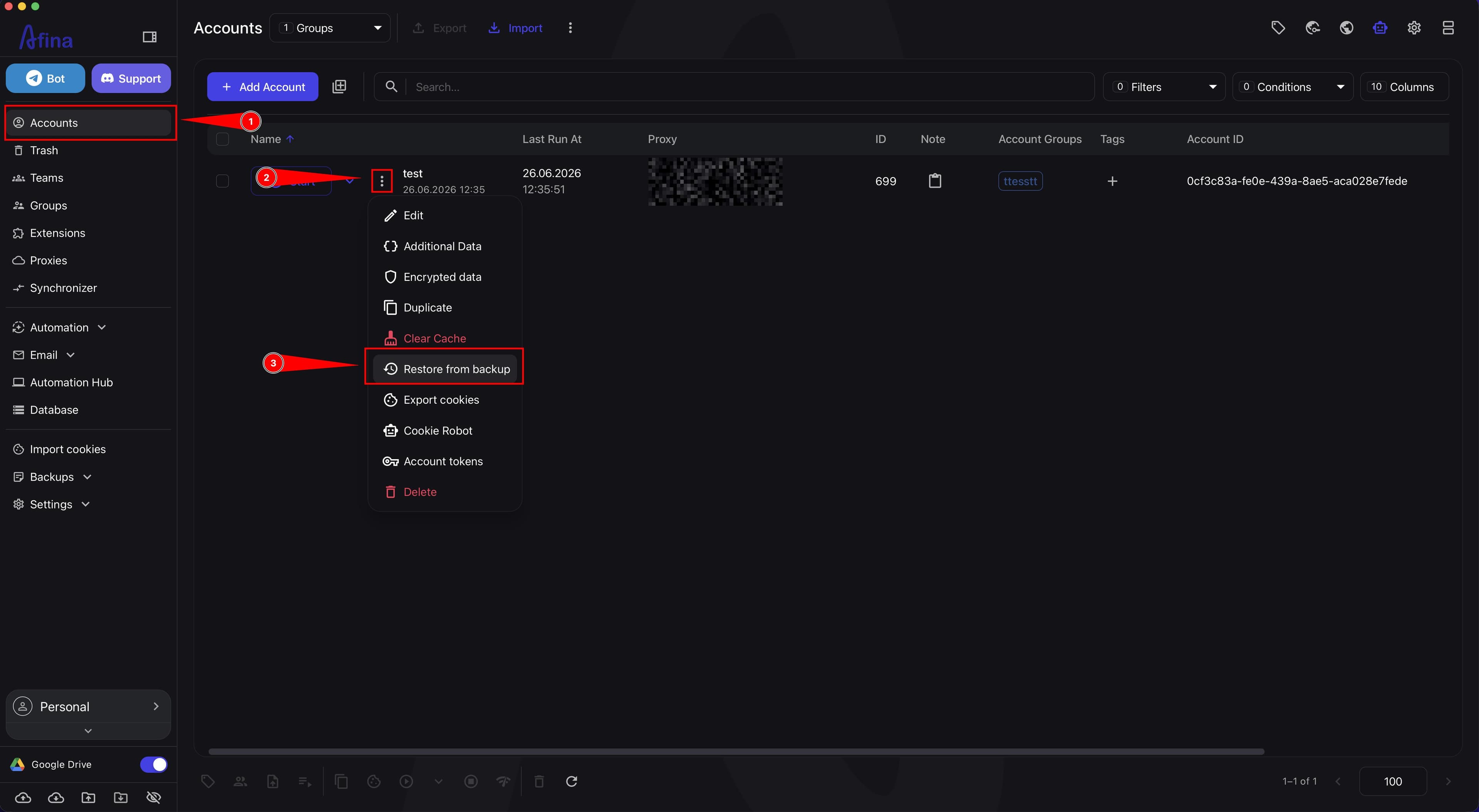 Account actions menu with the Restore from backup option